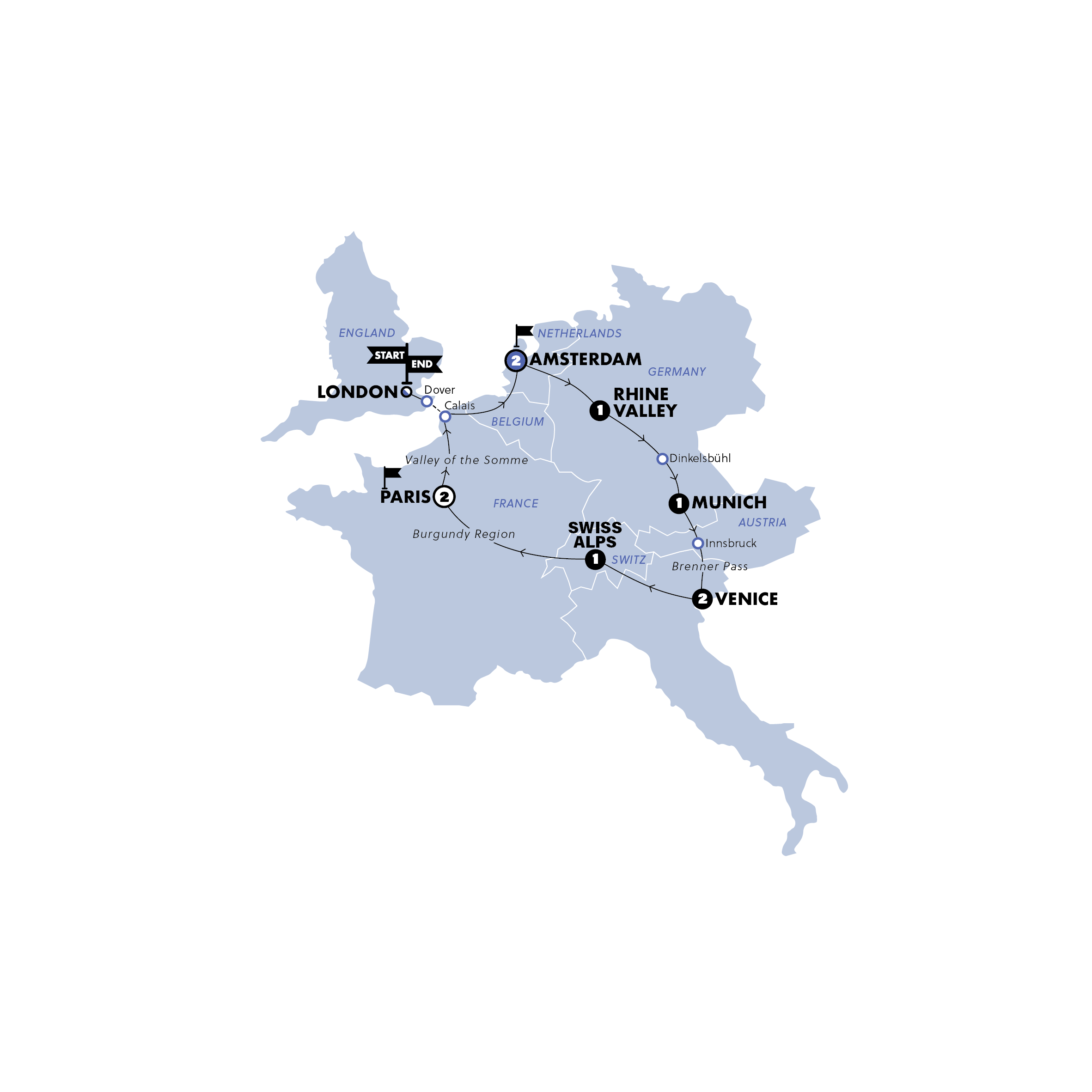 tourhub | Contiki | European Horizon | Start London | Plus | Summer 2026 | Tour Map