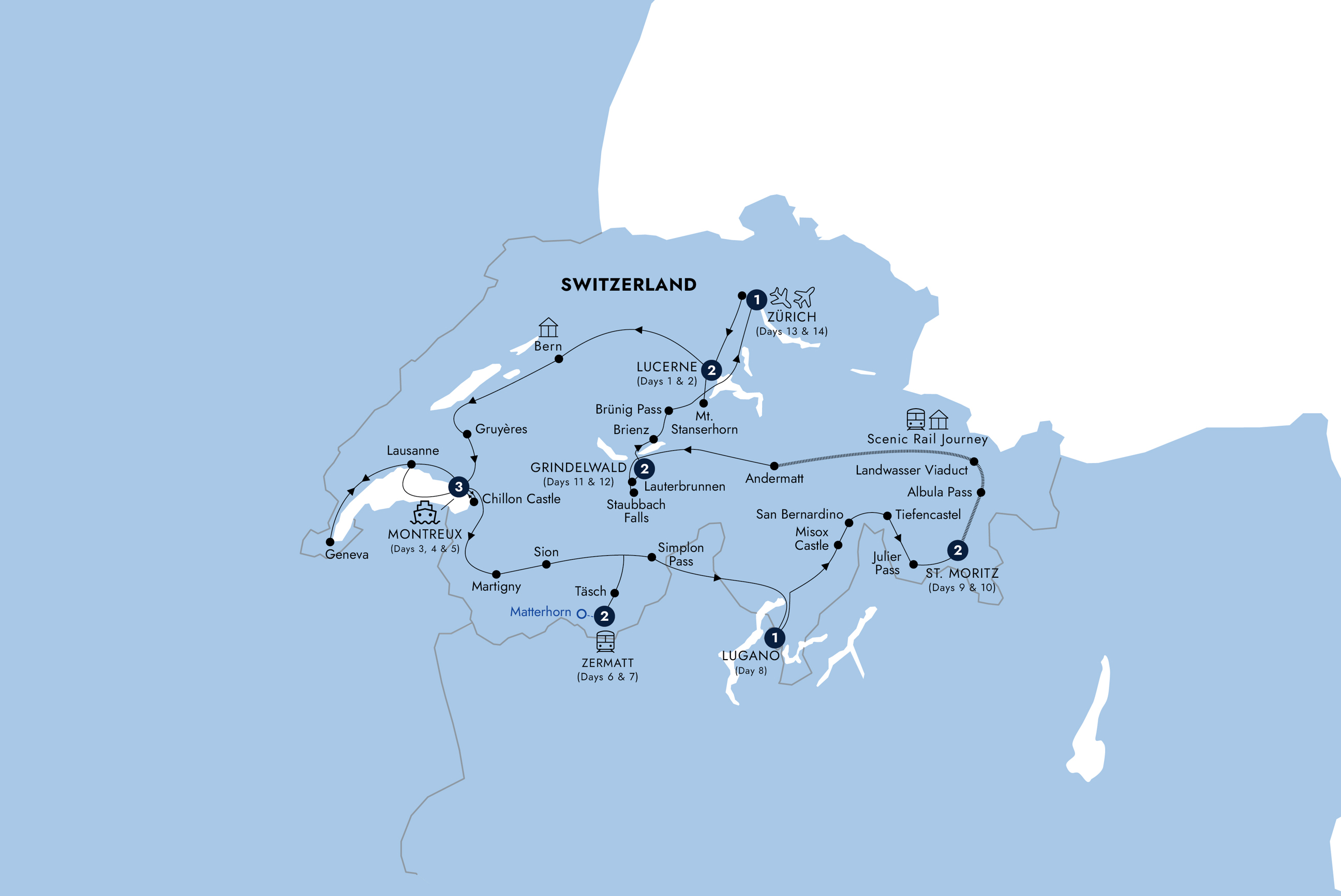 Map of Country Roads of Switzerland - Small Group from Insight Vacations