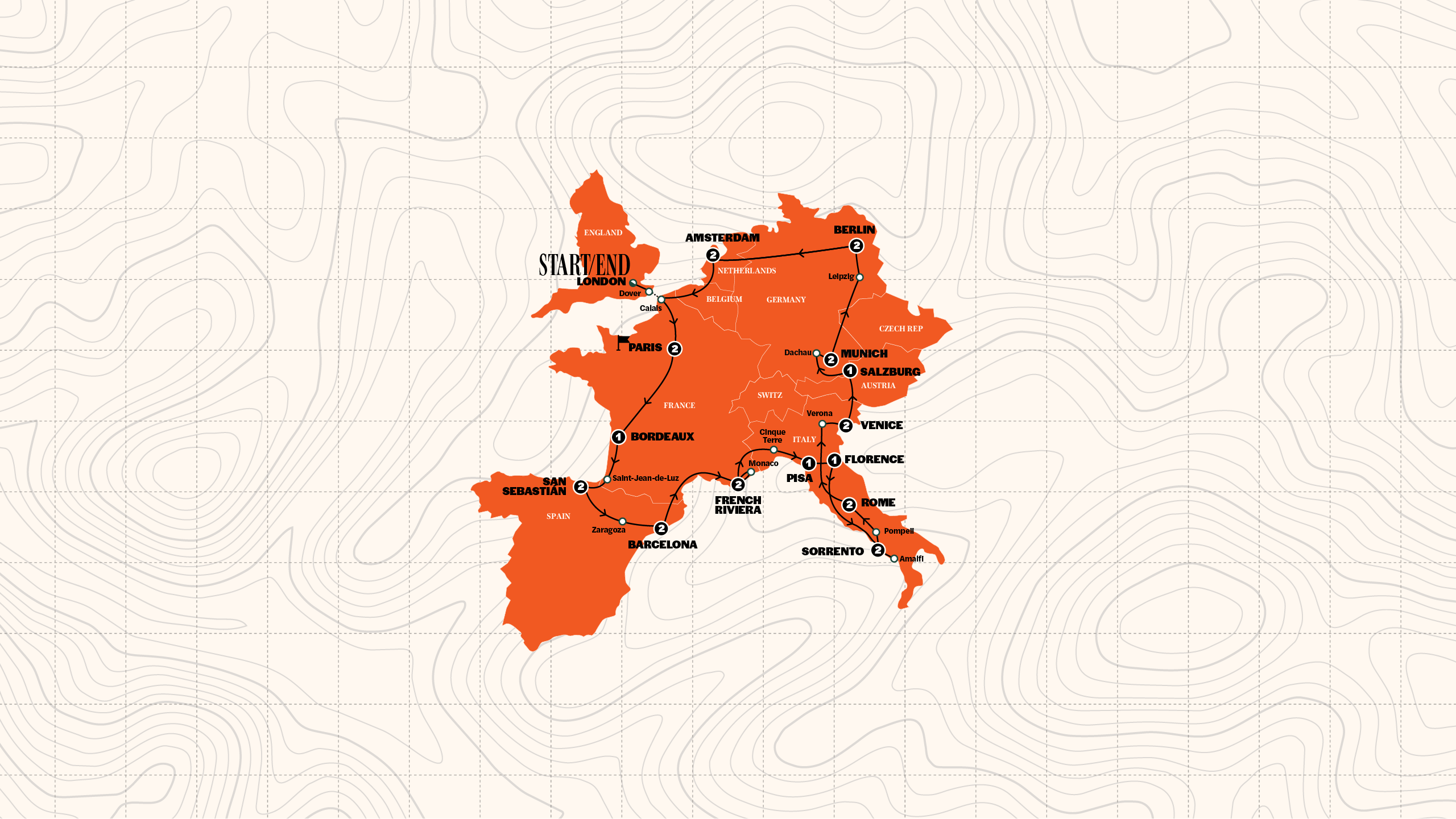 Map of European Quest | Hostels | Start London | Winter | 2027/2028 from Contiki