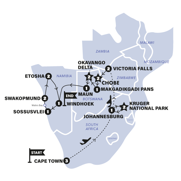 tourhub | Contiki | Southern Africa Safari | Tour Map