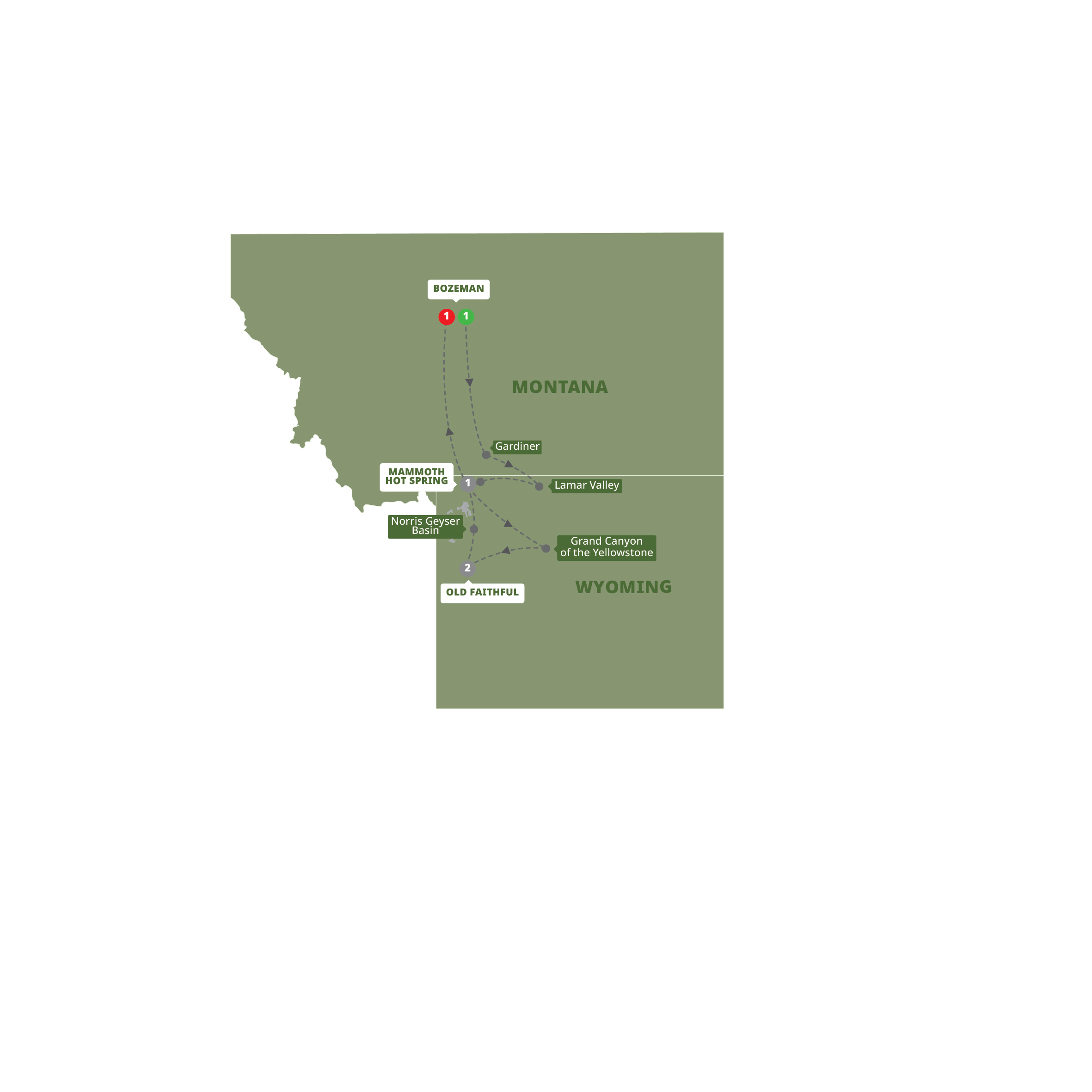 Map of Yellowstone Winter Escape - Small Group from Trafalgar