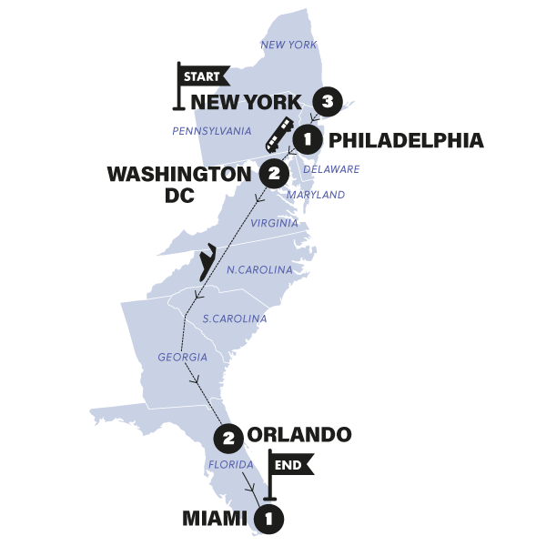 tourhub | Contiki | New York to Miami | Tour Map