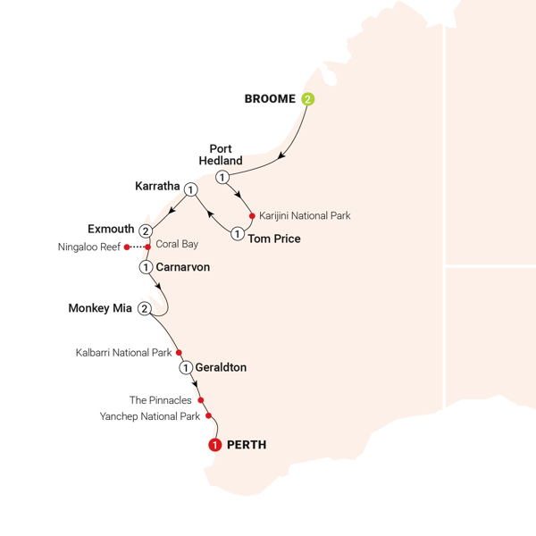 Untamed Pilbara & West Coast Itinerary Map