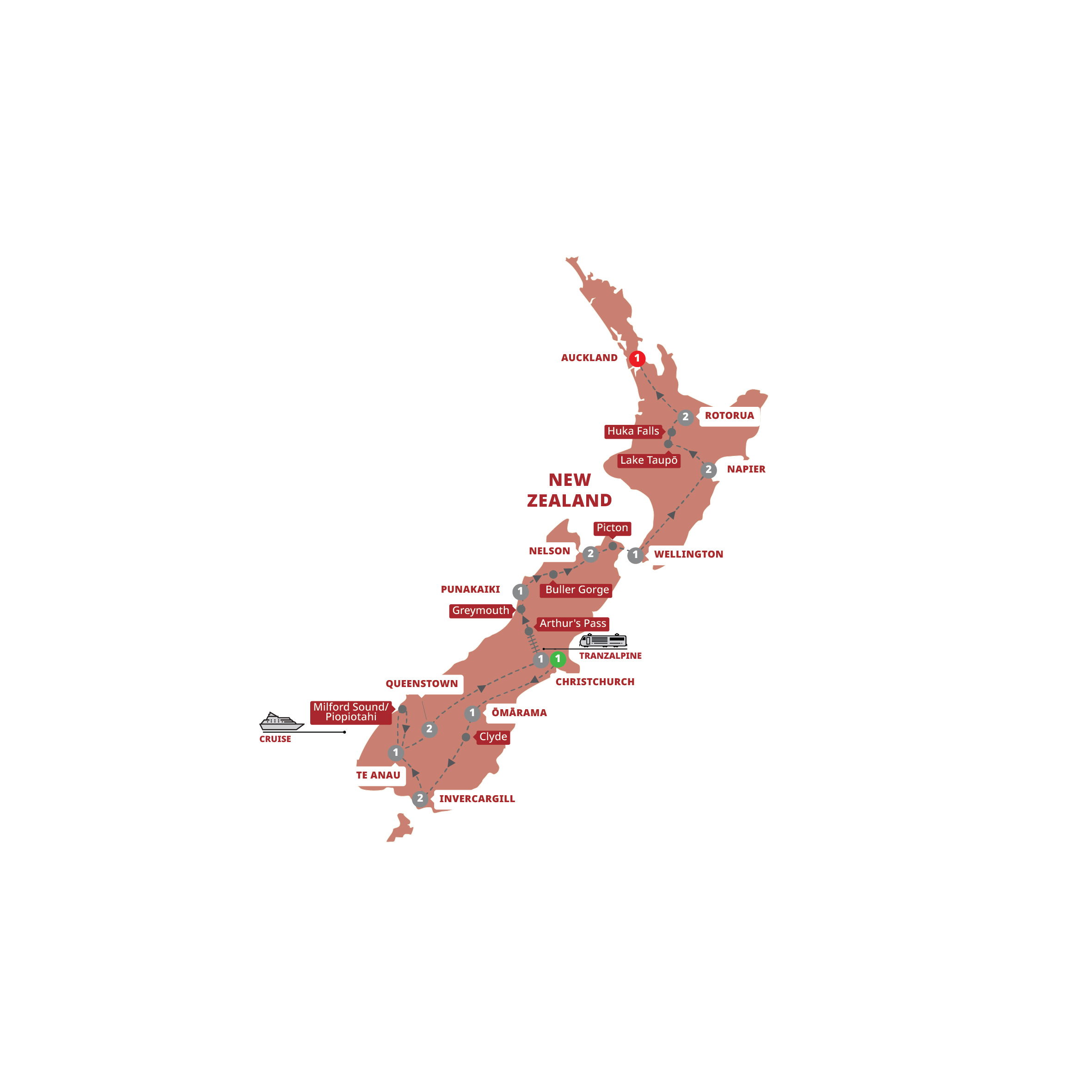 Map of Essence of New Zealand - Small Group from Trafalgar