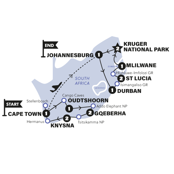 tourhub | Contiki | Sea, Safari, South Africa | 2026 | Tour Map