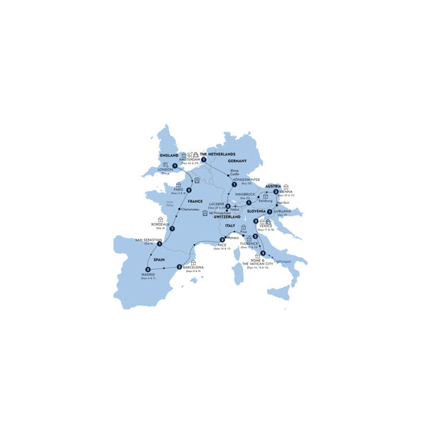 European Grandeur - Start London, End Amsterdam, Classic Group Itinerary Map
