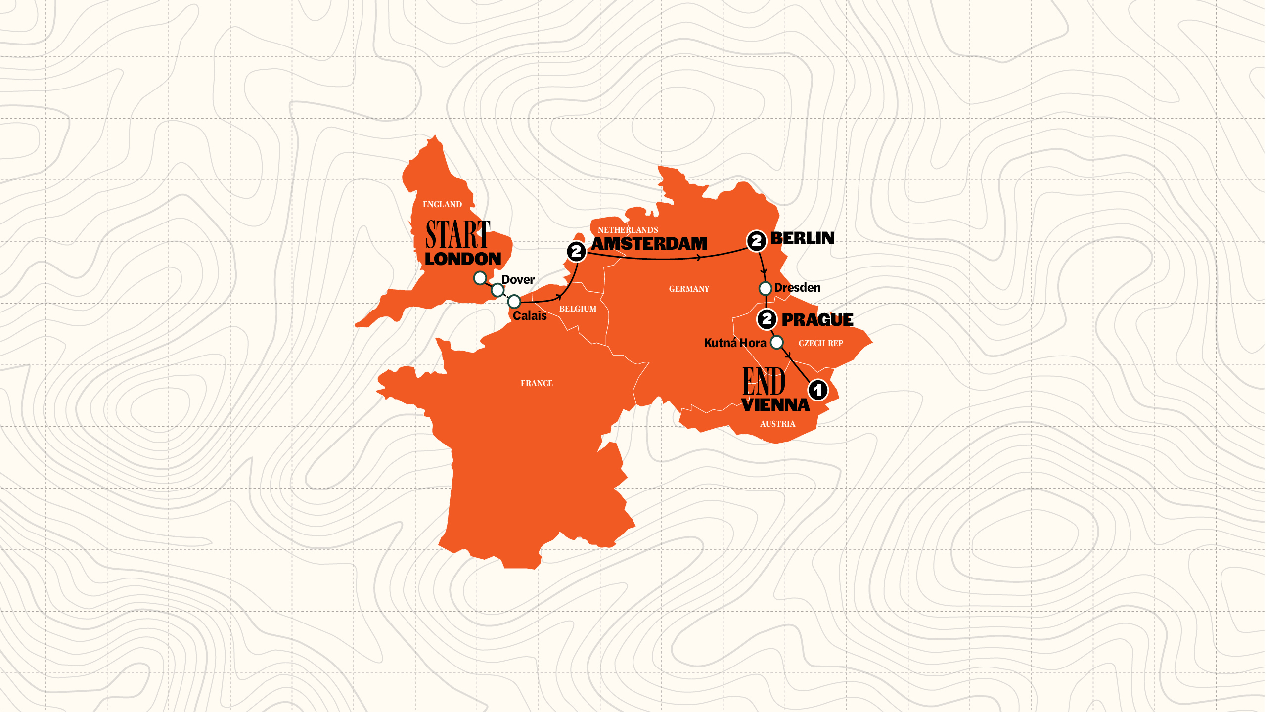 Map of London to Vienna Trail | Start Amsterdam | Hostels | Summer | 2026 from Contiki