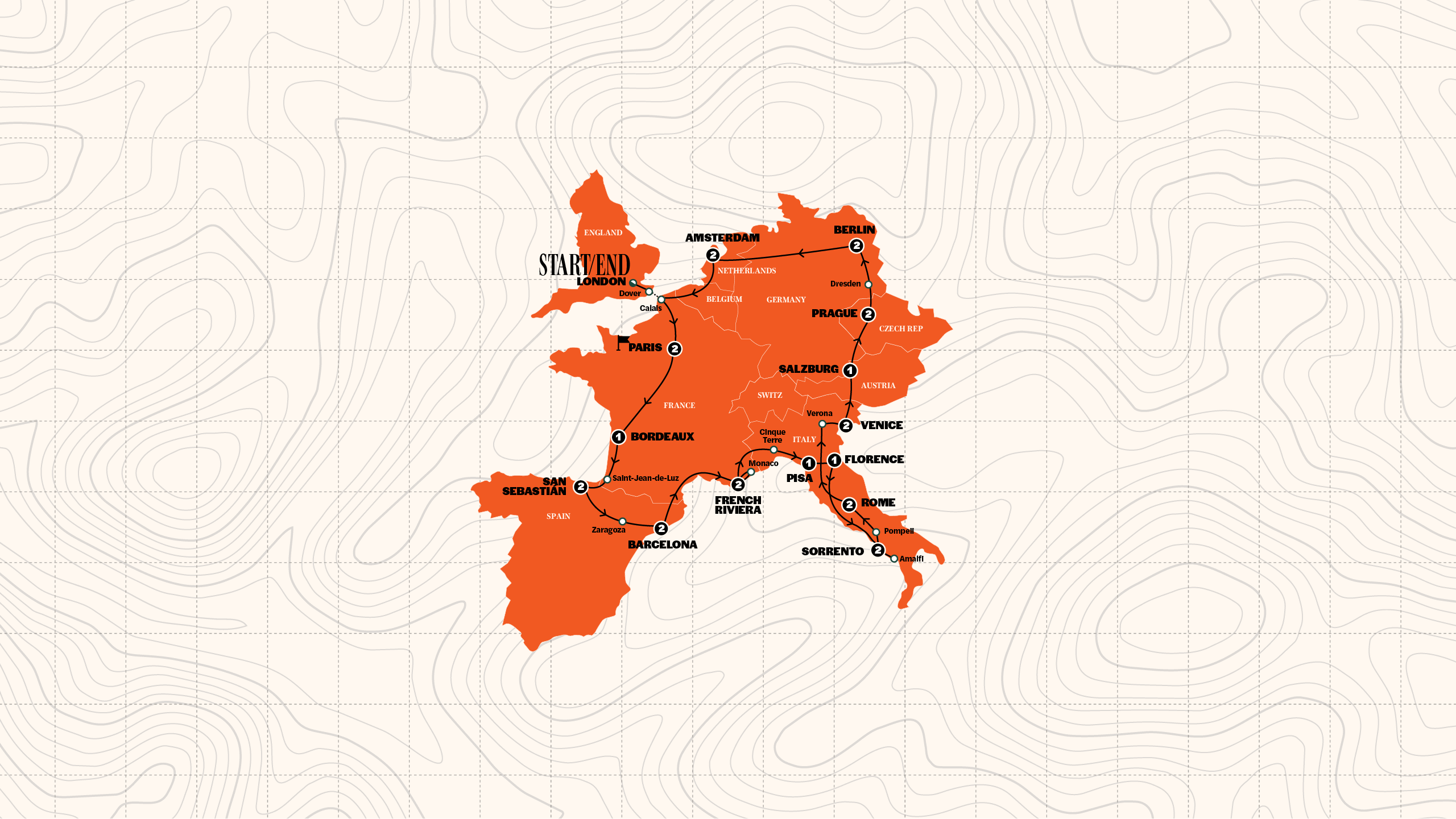 Map of European Quest | Hostels | Start Paris | Winter | 2026/2027 from Contiki