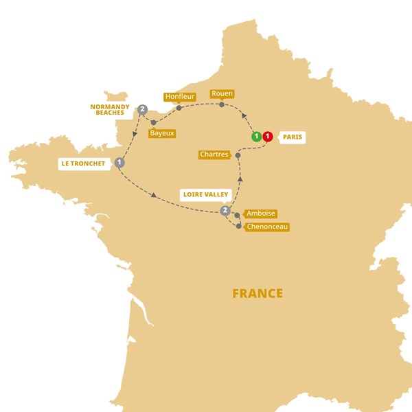 tourhub | Trafalgar | Treasures of France including Normandy | FTOFZM19 | Route Map