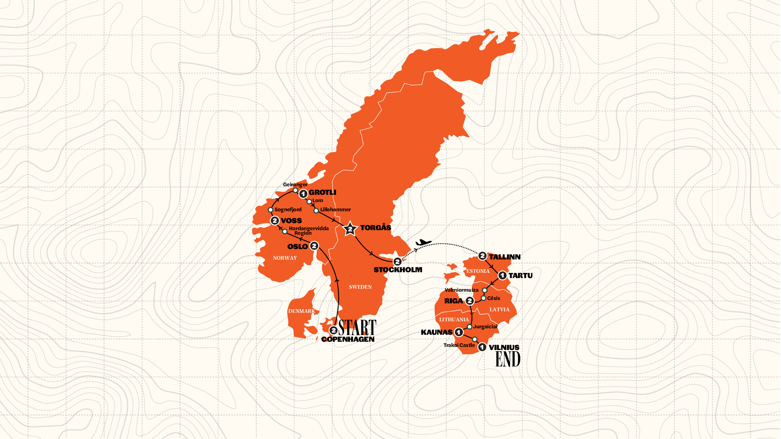 Map of Best of Scandinavia & The Baltics | Summer 2027 from Contiki