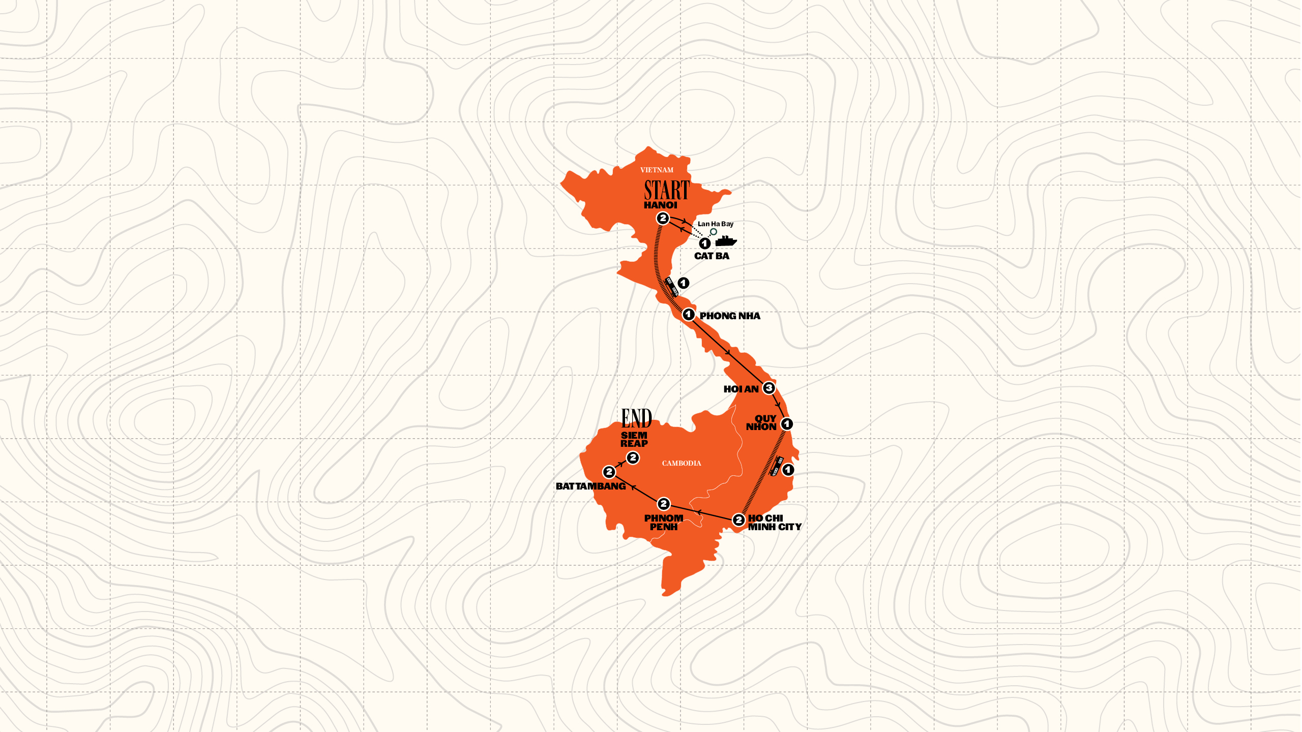 Map of Hanoi to Siem Reap from Contiki