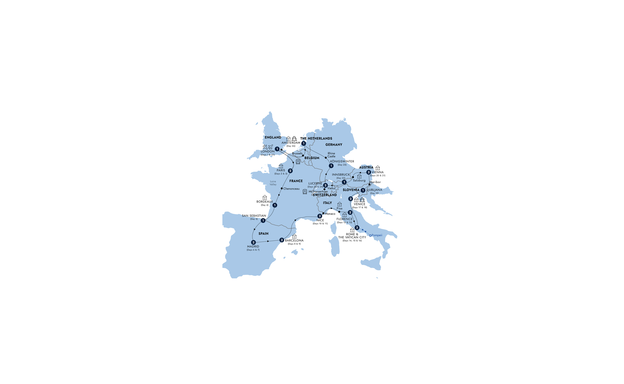 Map of European Grandeur return Eurostar (Summer 2026) from Insight Vacations