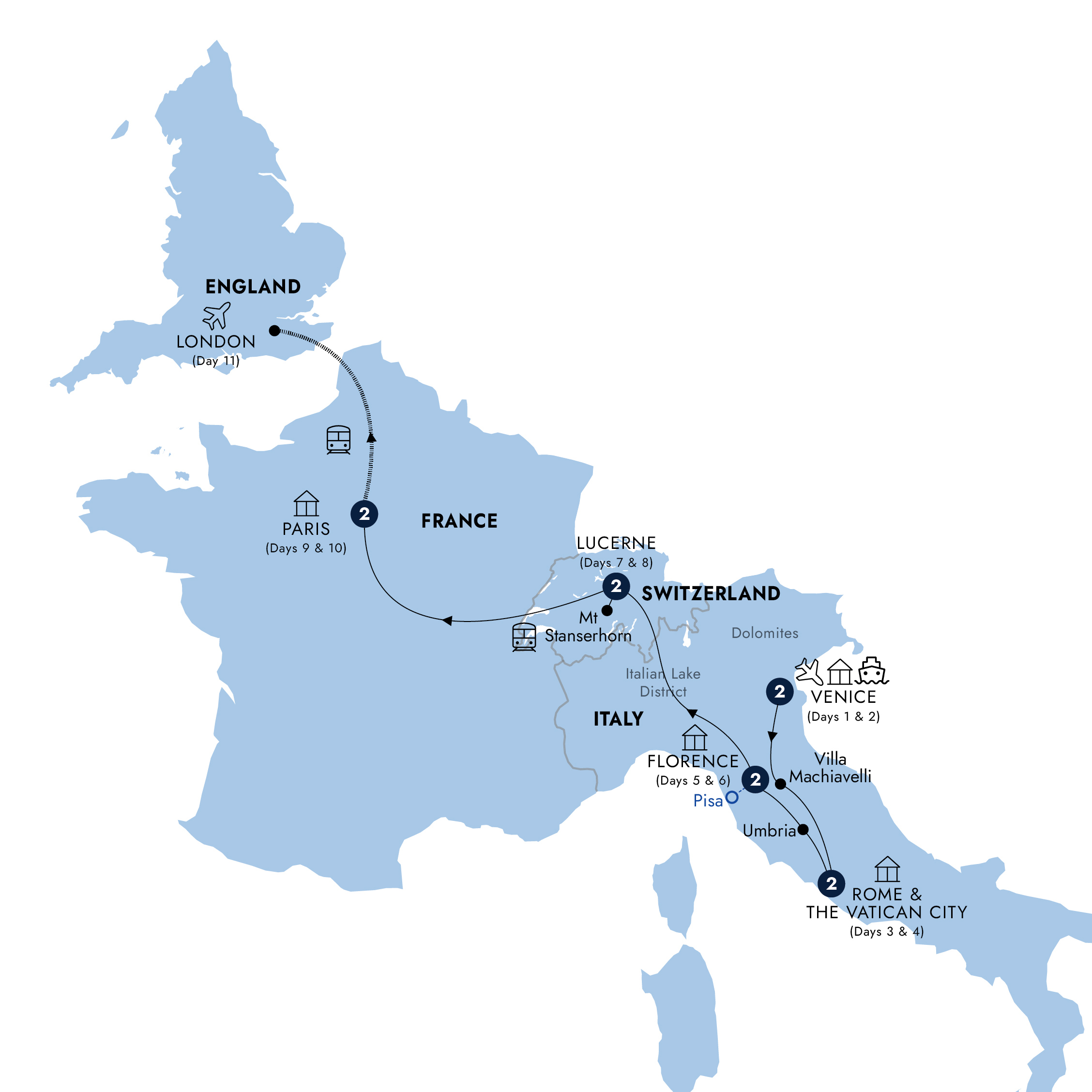 Map of European Dream - End London, Classic Group (Summer 2025) from Insight Vacations