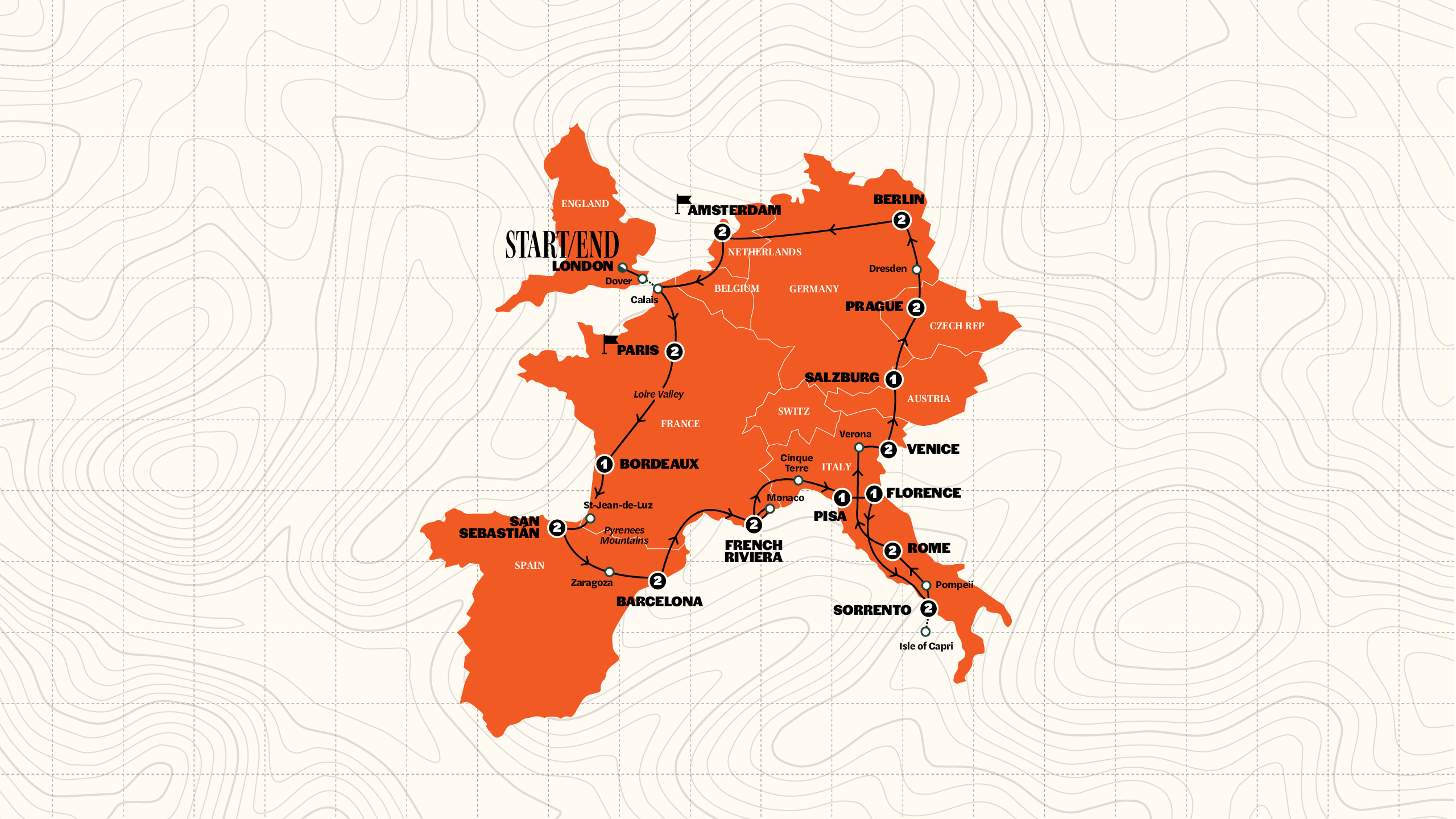 Map of European Quest  | Hostels | Start Paris | Summer | 2026 from Contiki