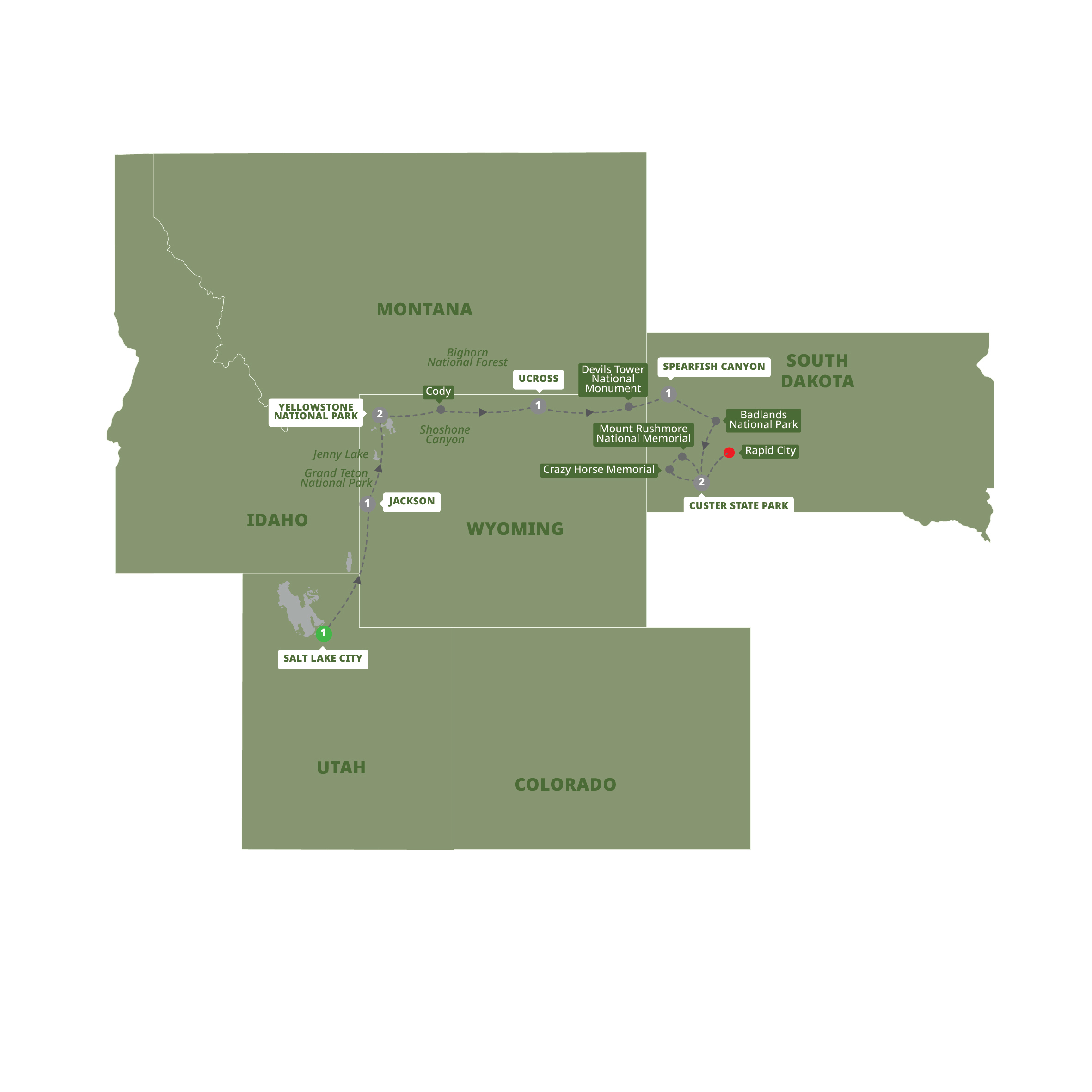 Map of American Parks Trail - End Rapid City, Classic Group from Trafalgar