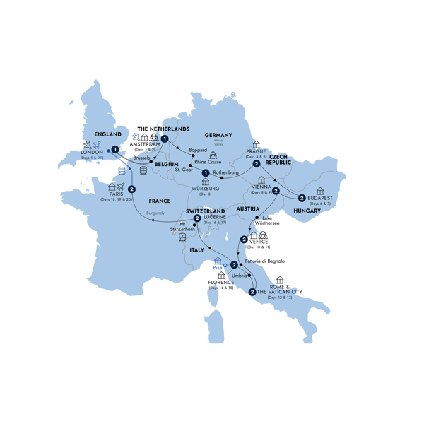 Romantic European - Start London, Return Eurostar, Classic Group Itinerary Map