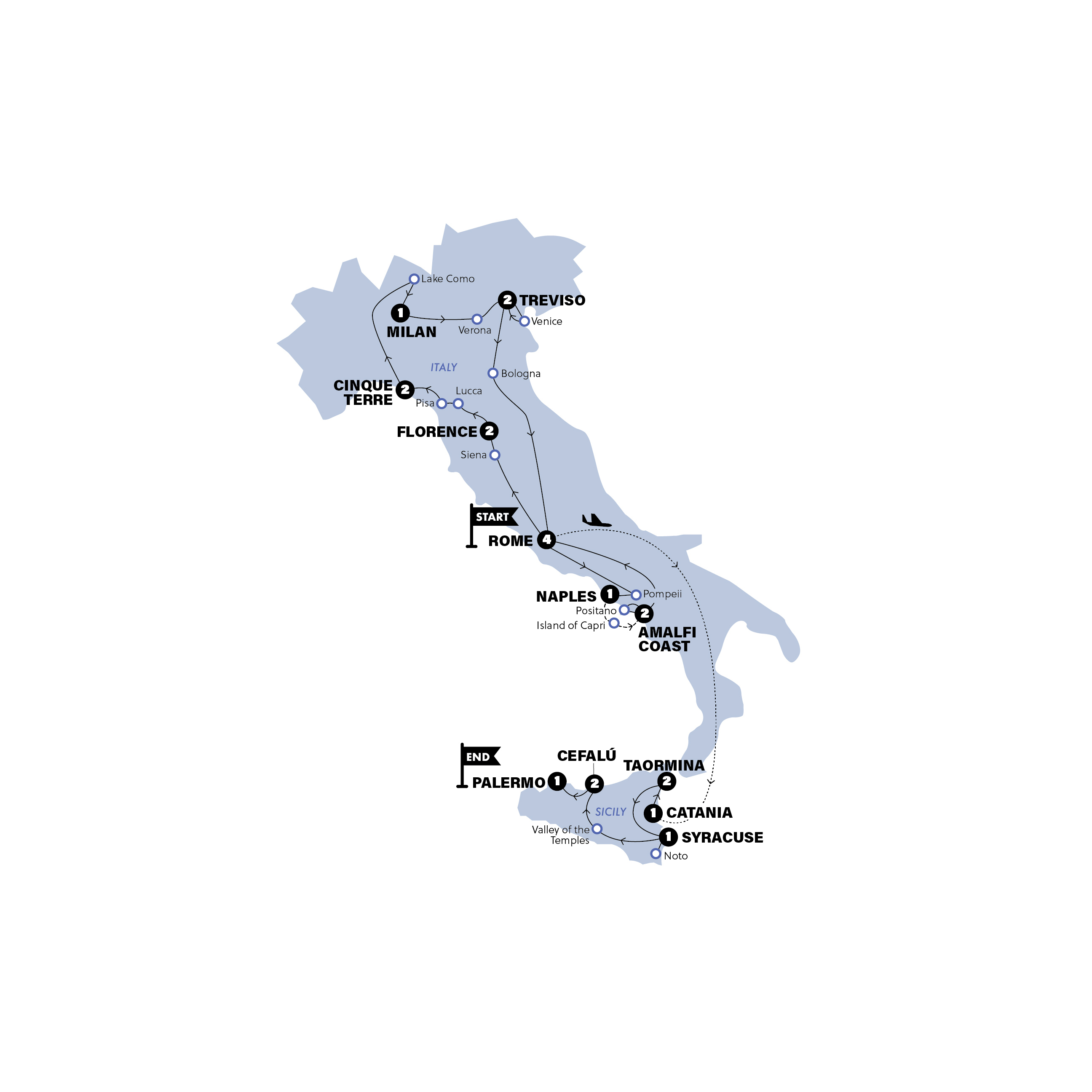 Map of Ultimate Italy 35 to 45 | Summer | 2027 from Contiki