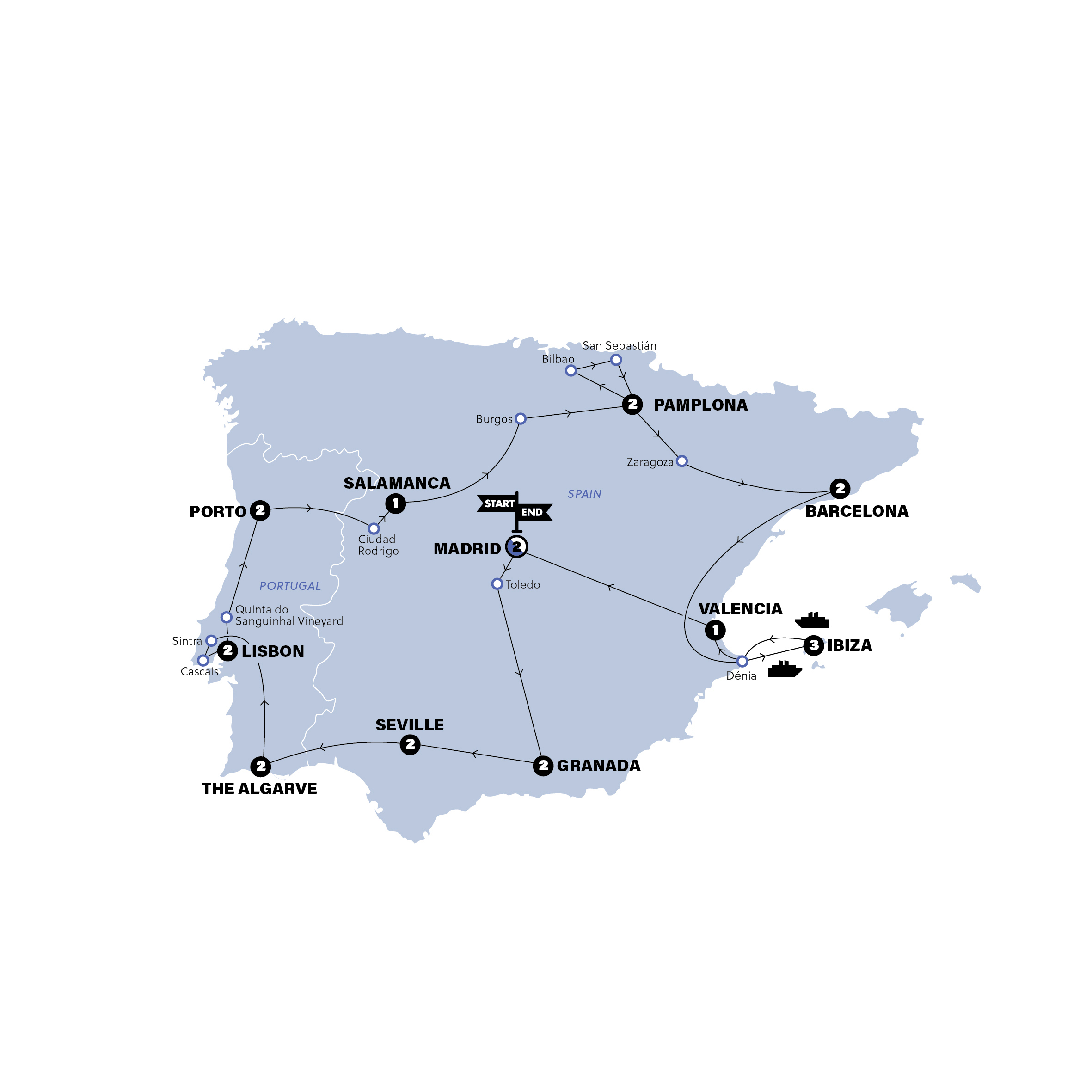 Map of Spain & Portugal Loop from Madrid | Summer from Contiki