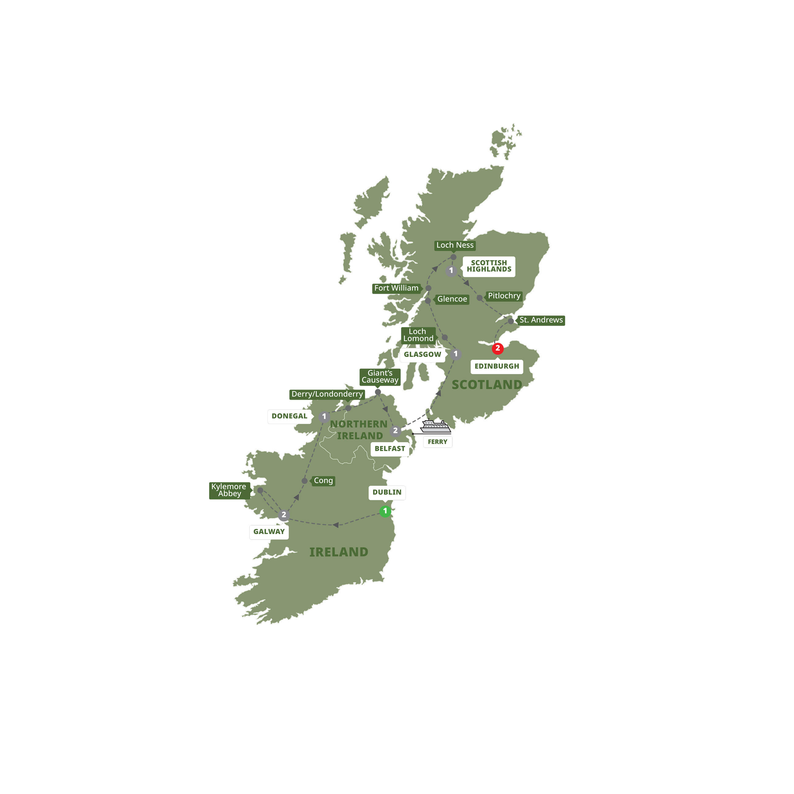 Map of Highlights of Ireland and Scotland from Trafalgar