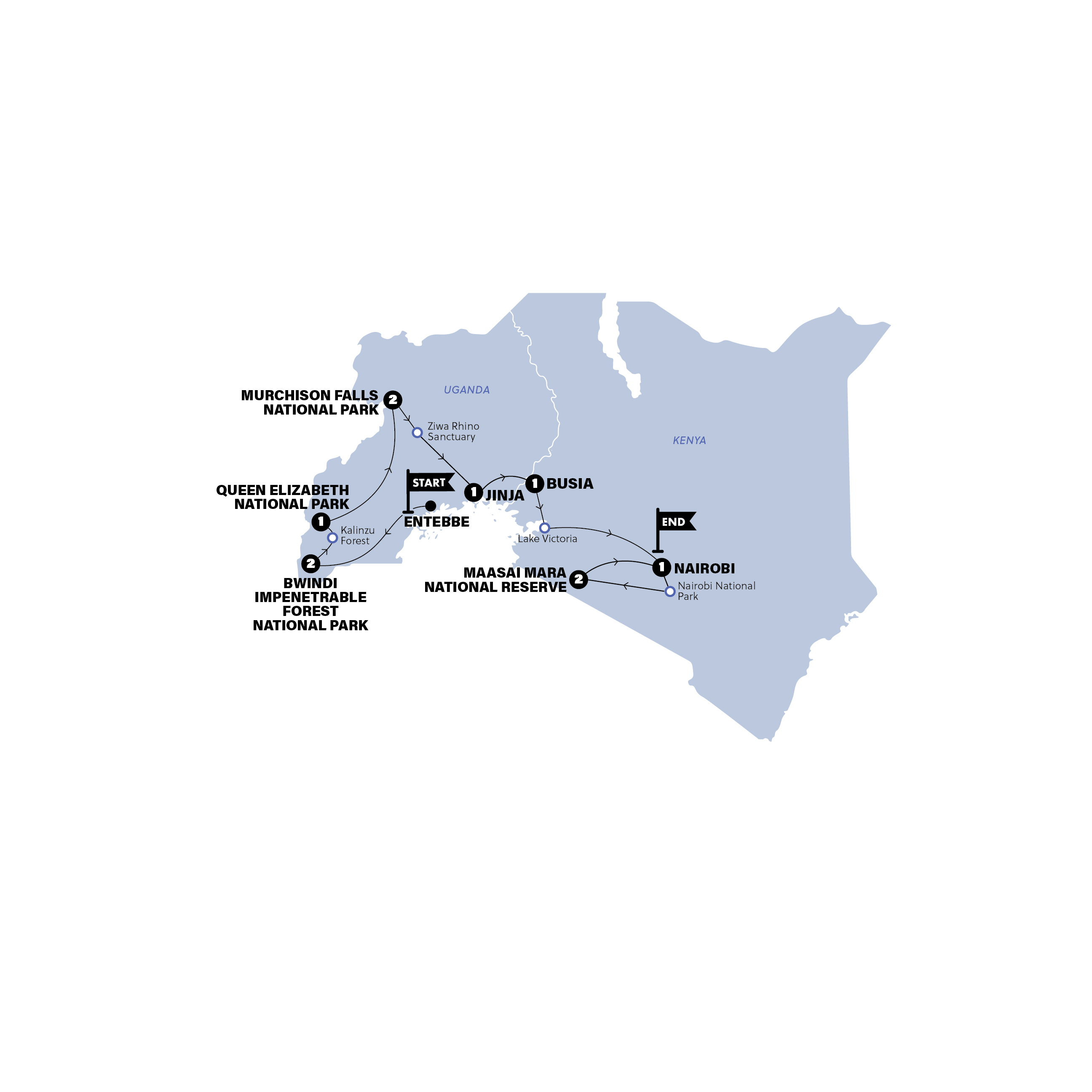 Map of Uganda Gorillas and Maasai Mara 35 to 45 | Chalet | 2027 from Contiki