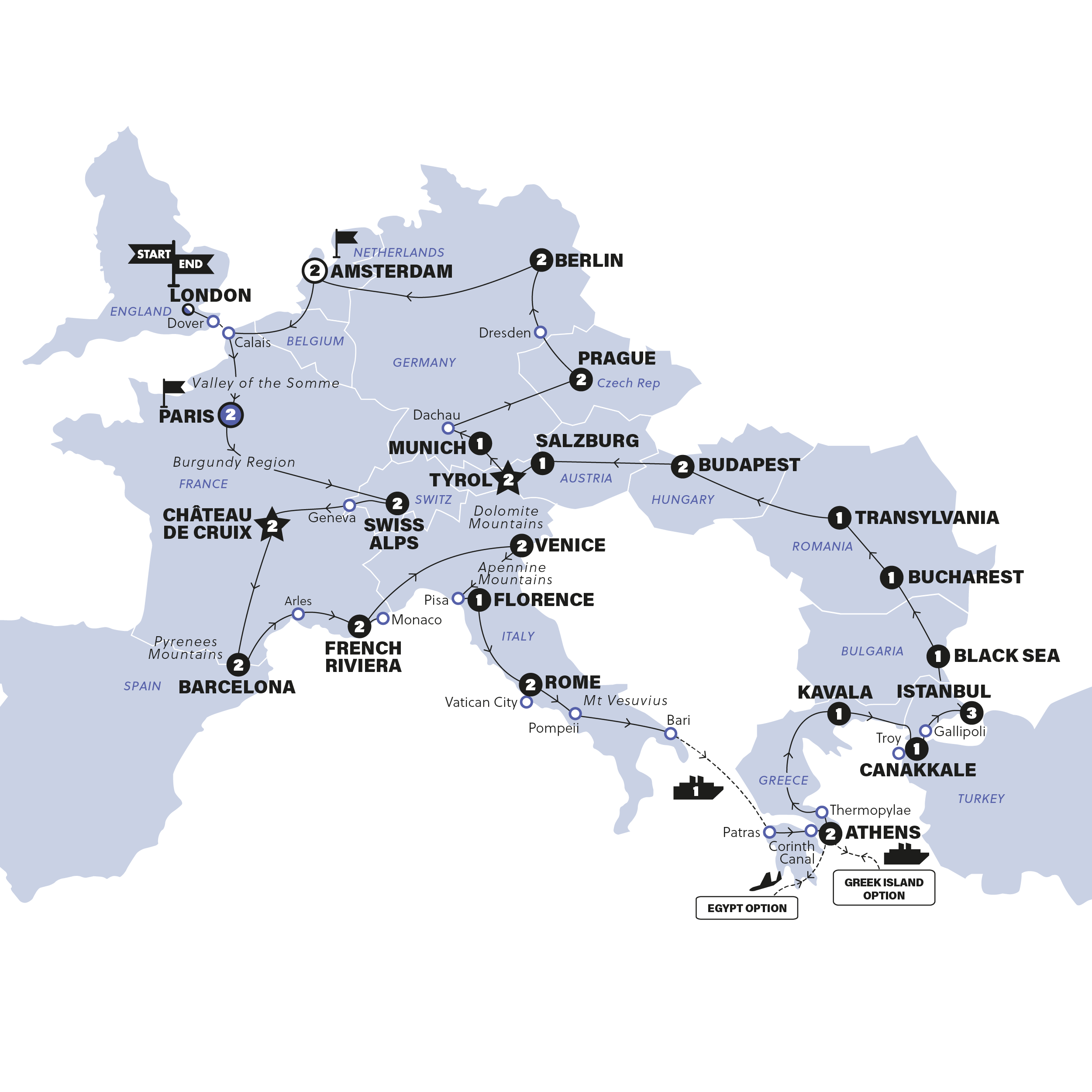 tourhub | Contiki | Ultimate European plus Egypt | Start Paris |  2024 | Tour Map