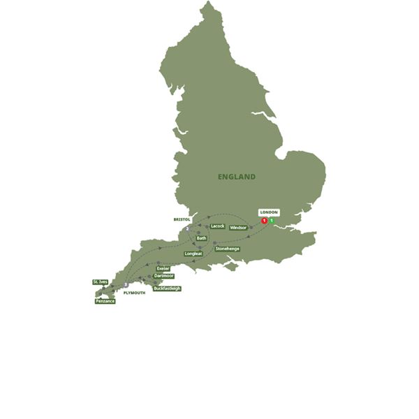 tourhub | Trafalgar | Best of Devon and Cornwall | BDEVAZN19 | Route Map