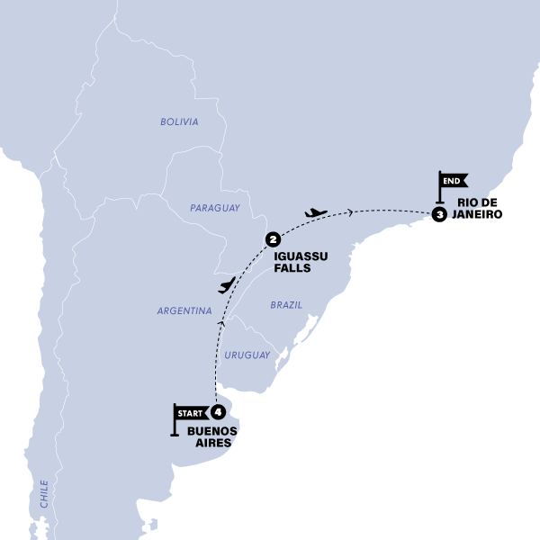 tourhub | Contiki | Argentina & Brazil Highlights, Carnival, March 24 - March 25 | Tour Map