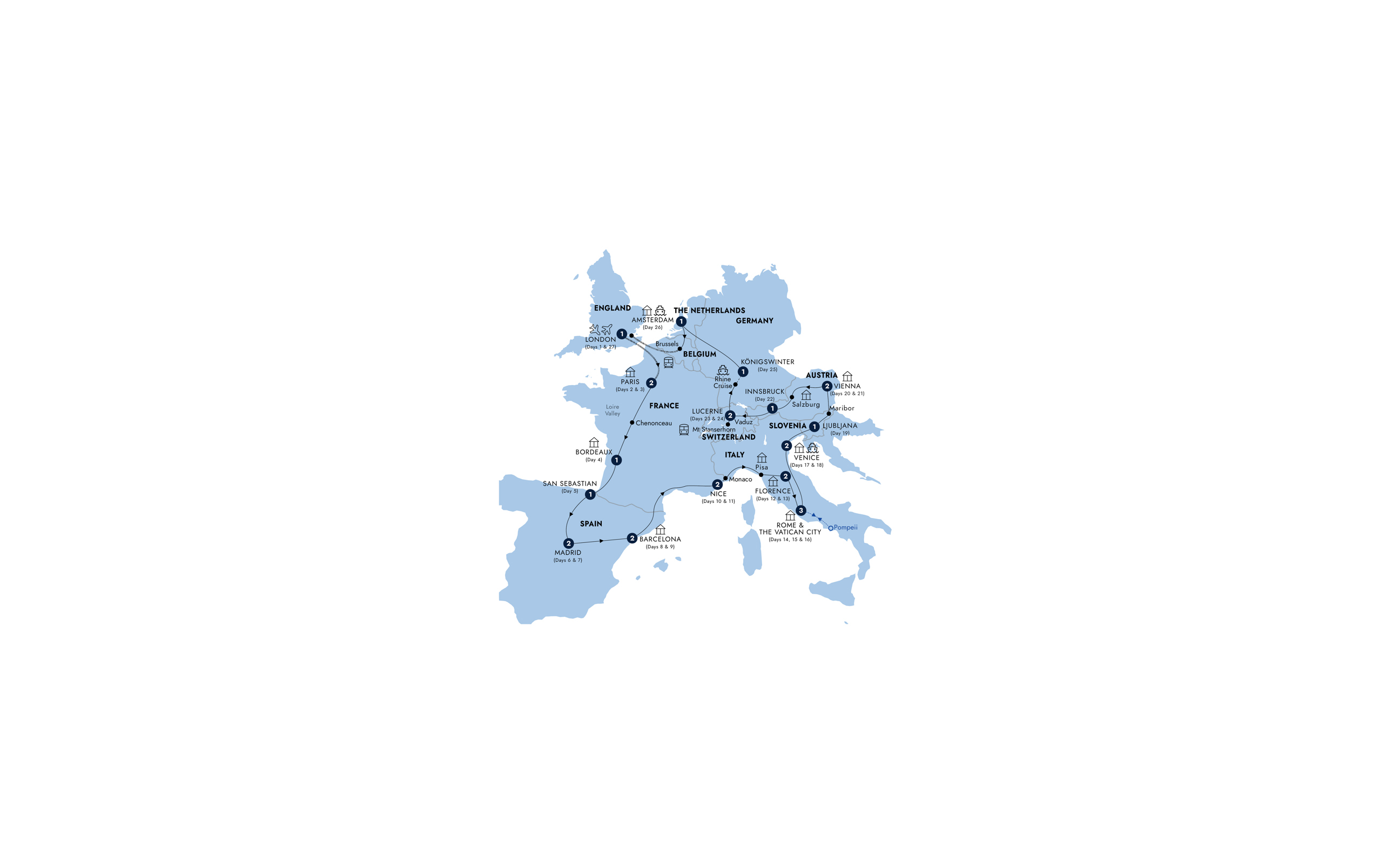 Map of European Grandeur - Start London, Return Eurostar, Classic Group (Summer 2027) from Insight Vacations
