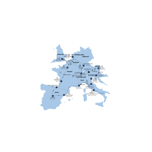 European Grandeur - Start London, Return Eurostar, Classic Group Itinerary Map