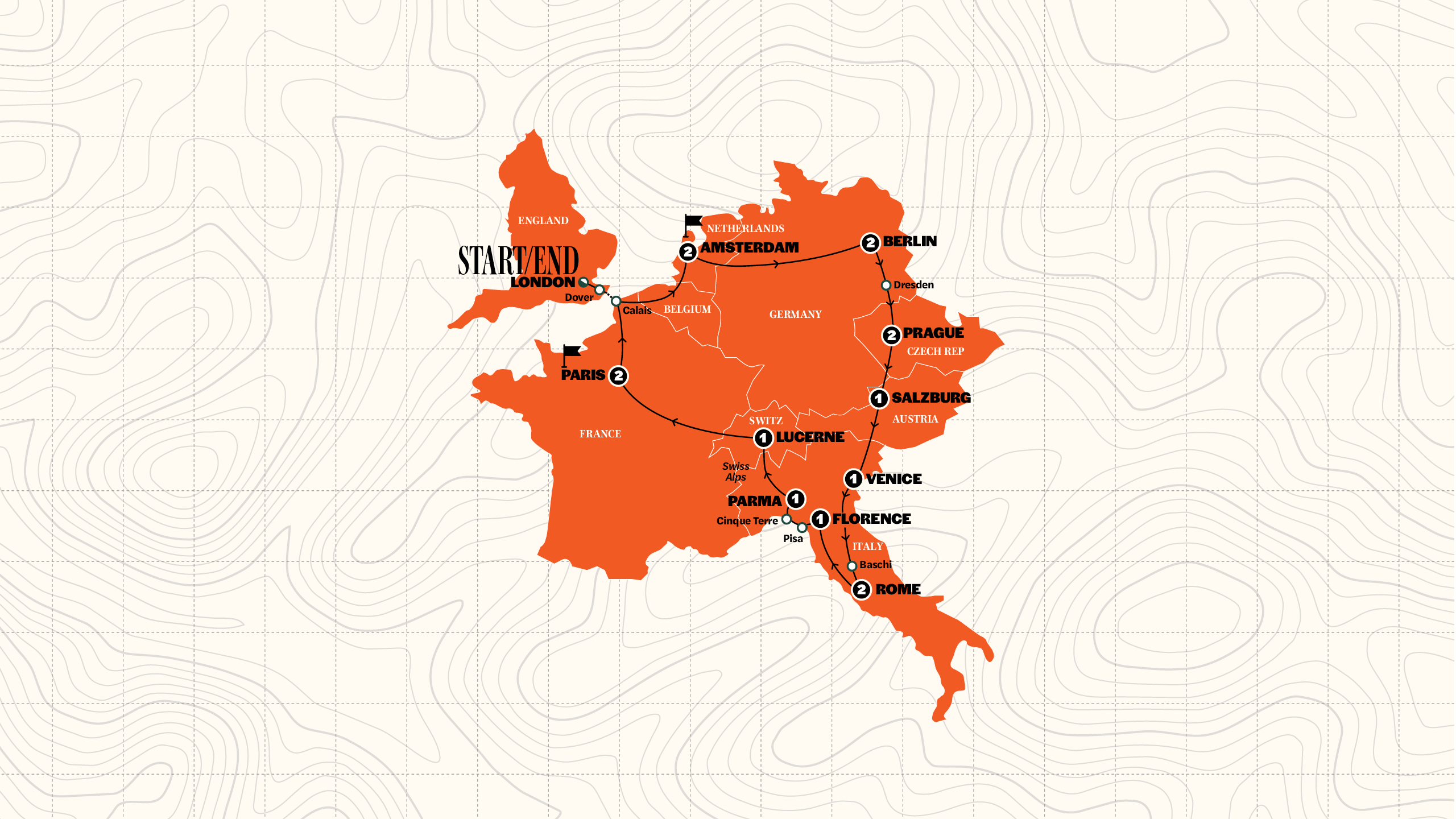 Map of European Encounter | Start Amsterdam | Classic | Summer | 2026 from Contiki