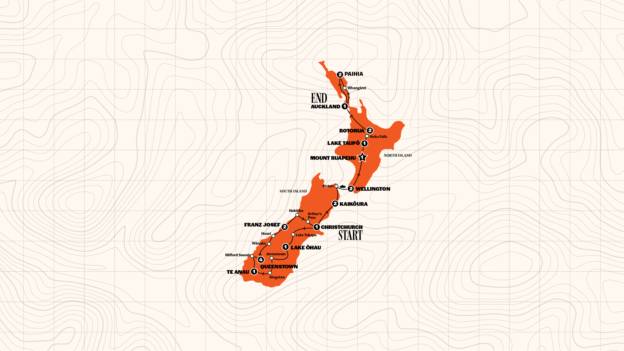Map of Best of New Zealand | Northbound | Oct 2026 - Sep 2027 from Contiki