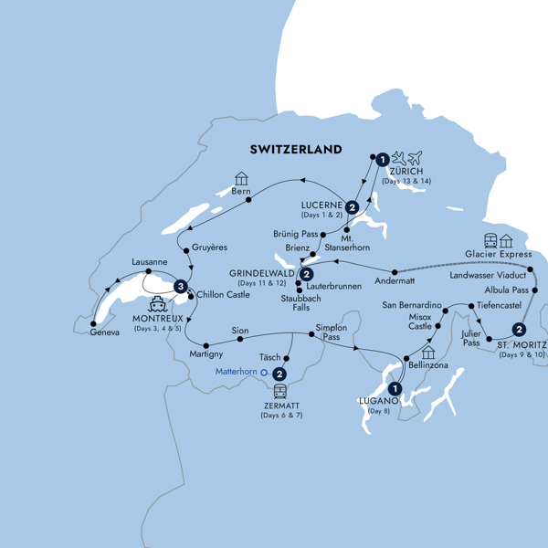 Country Roads of Switzerland - Classic Group Itinerary Map