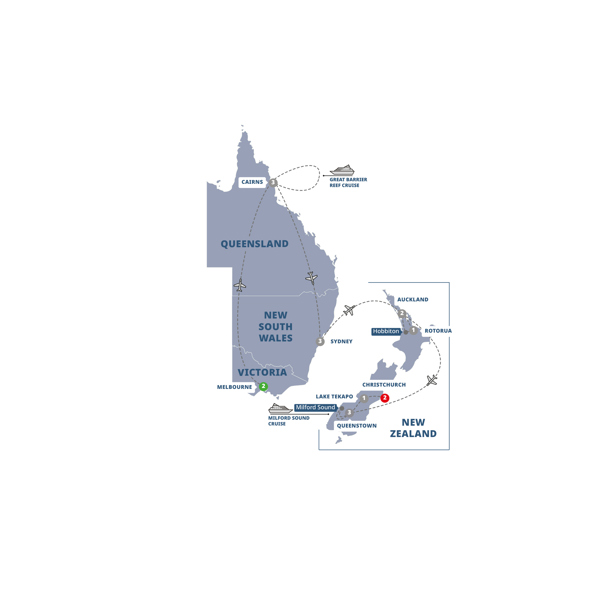 Contrasts of Australia and New Zealand Itinerary Map