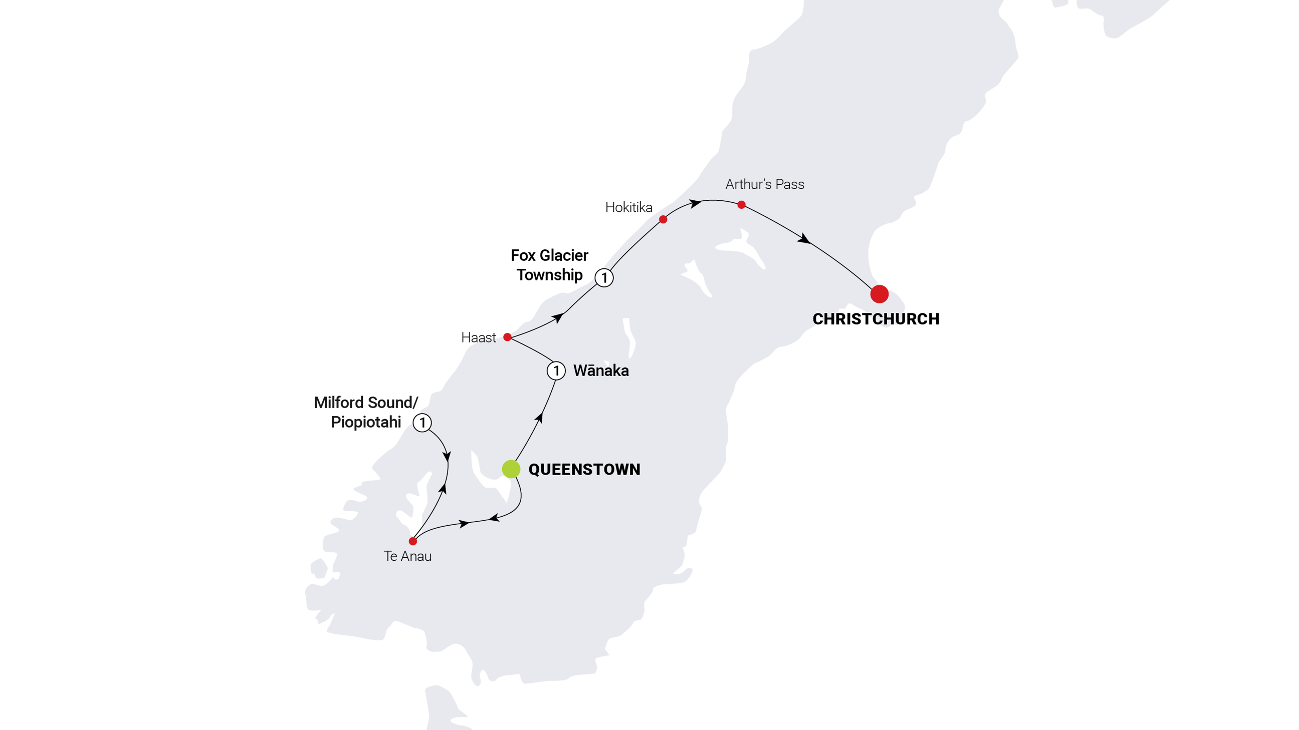 Map of New Zealand South Island Highlights Trip