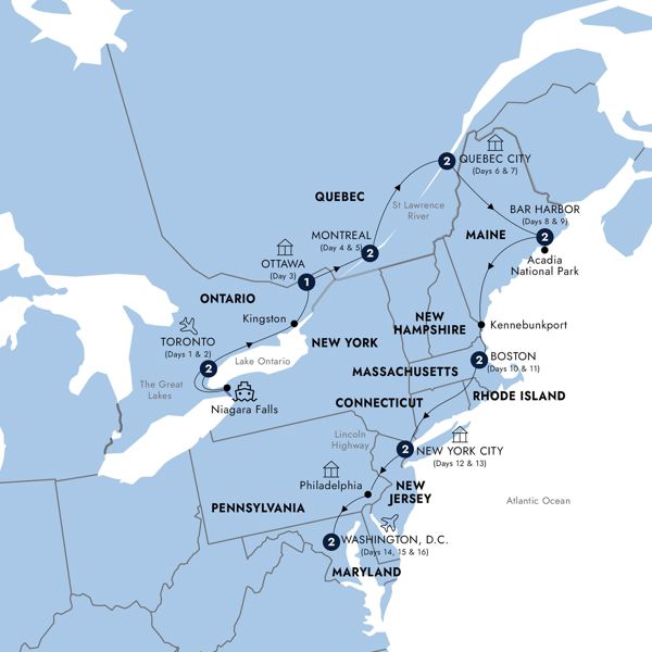 Best of Eastern Canada & USA - Small Group Itinerary Map