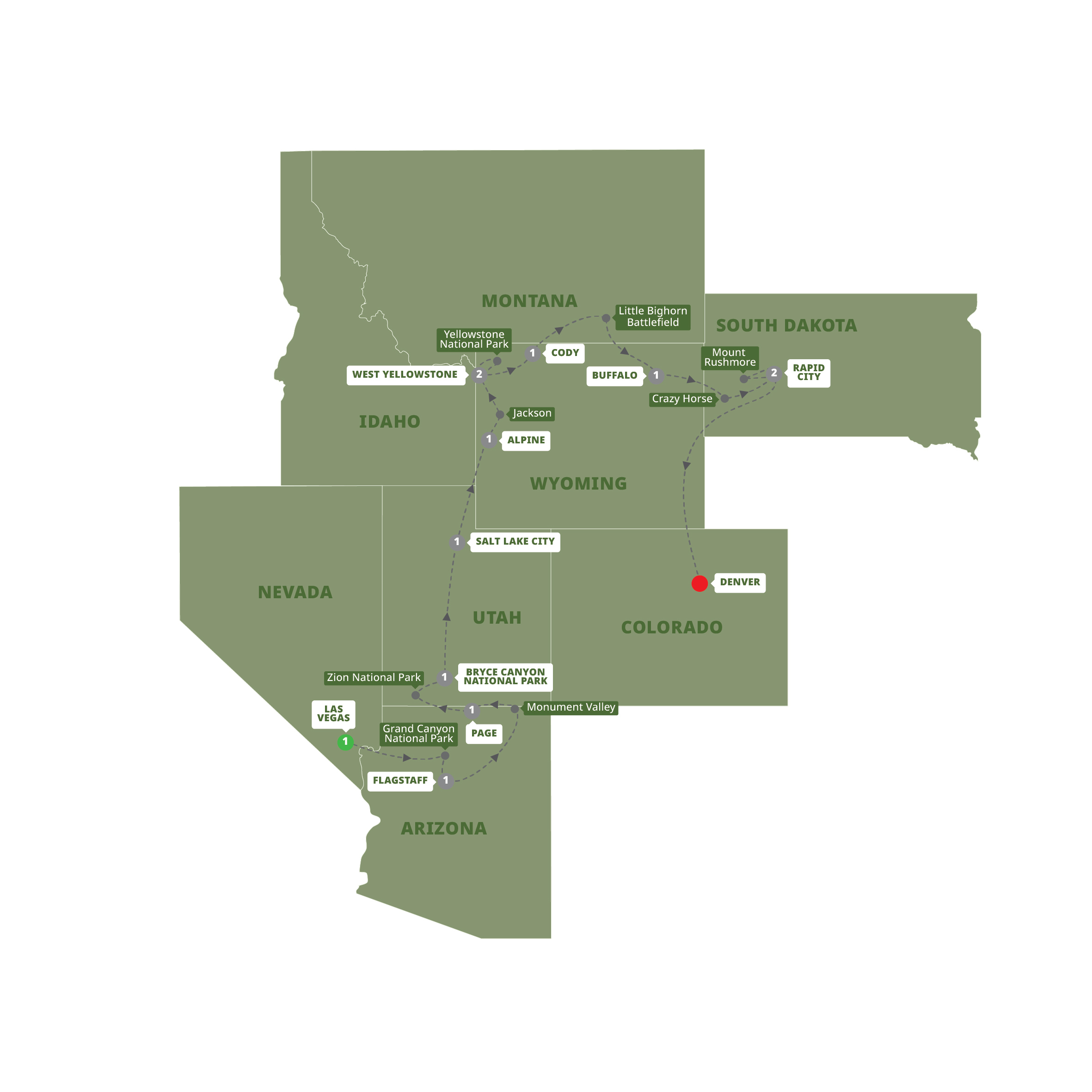 Map of Spectacular Canyons and National Parks End Denver from Trafalgar