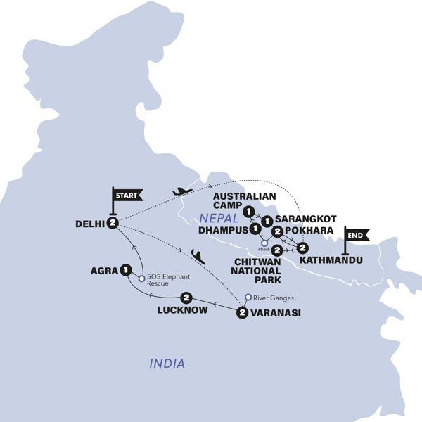 tourhub | Contiki | Delhi to Kathmandu and Nepal | Nepal Trek Challenge | Tour Map