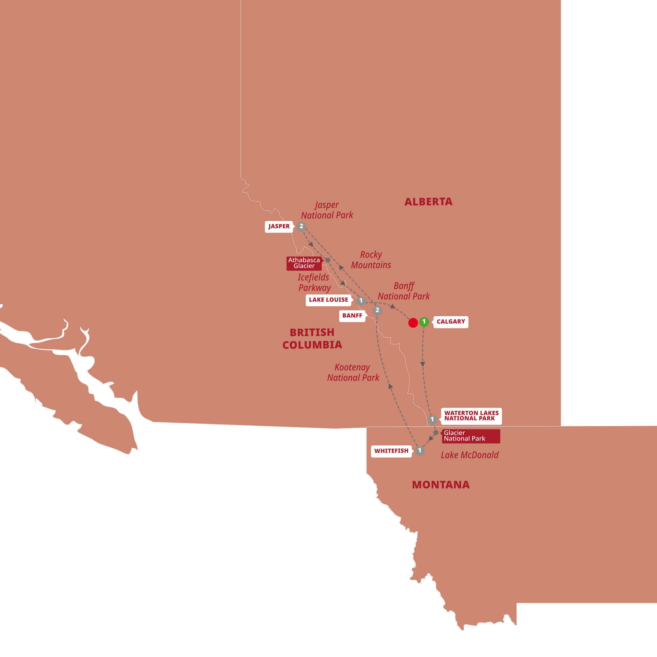 Map of Secrets of the Rockies and Glacier National Park (2026 - 2027) from Trafalgar