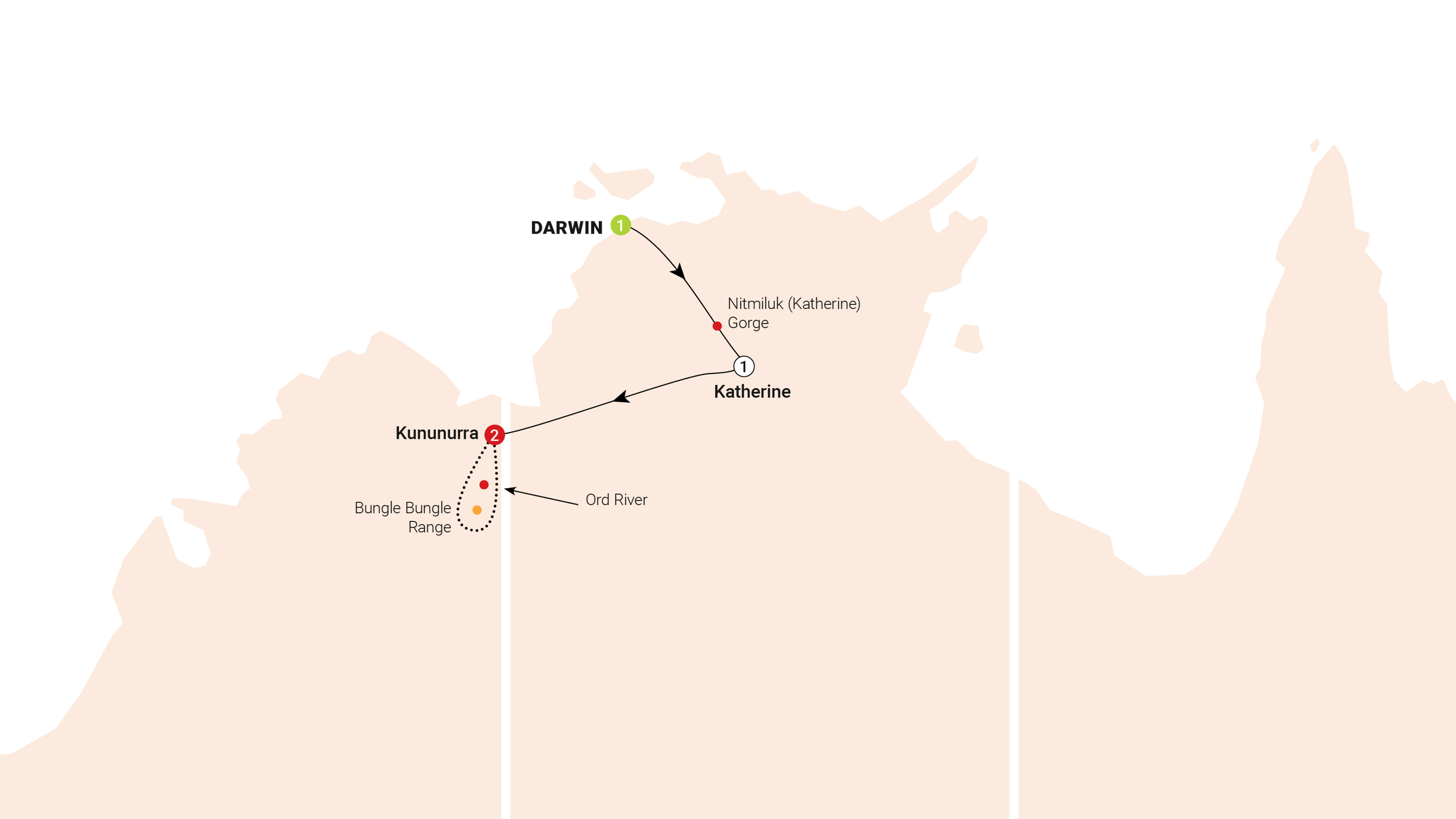 Map for Top End to Kimberley Adventure Trip
