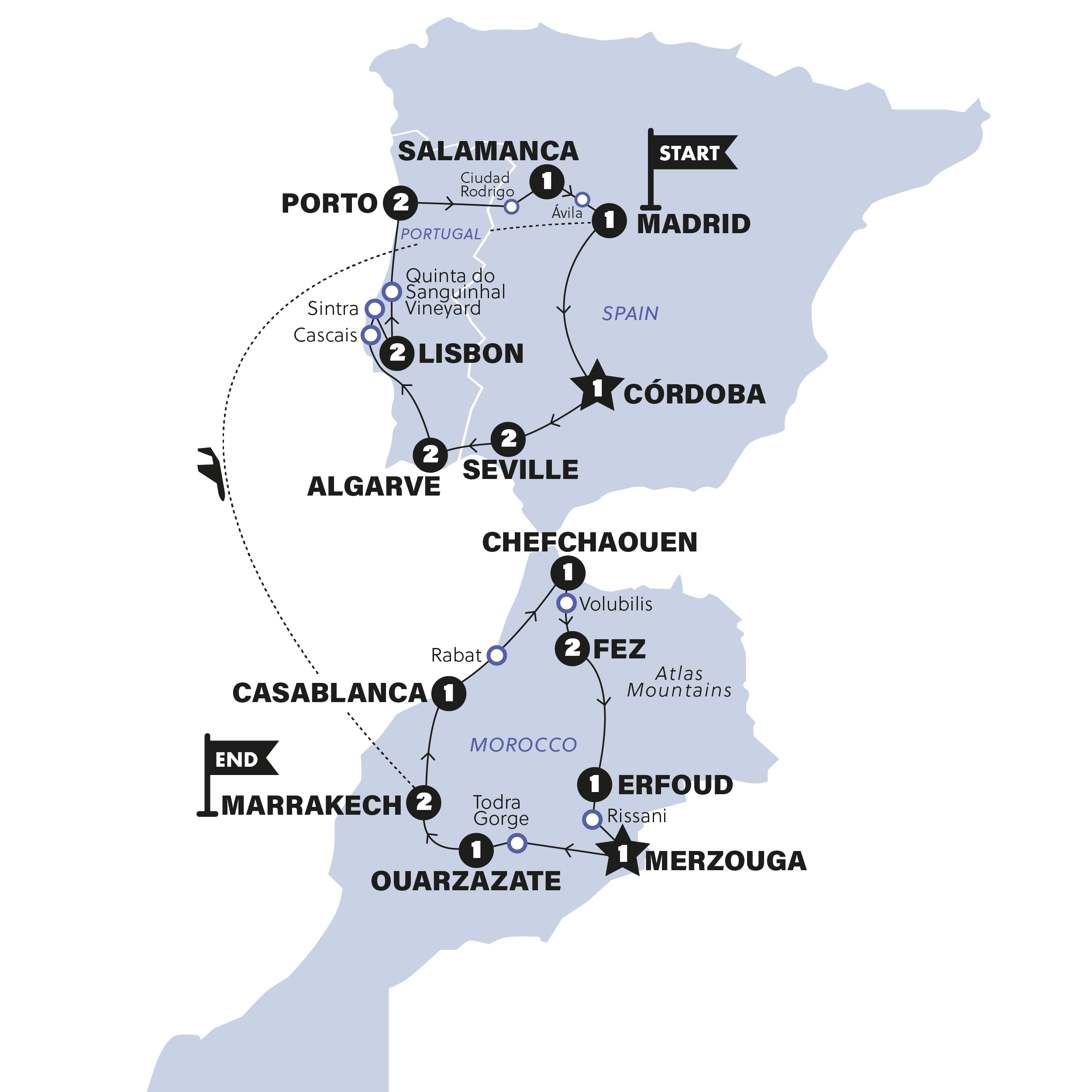 tourhub | Contiki | Spain, Portugal & Morocco Highlights | Tour Map