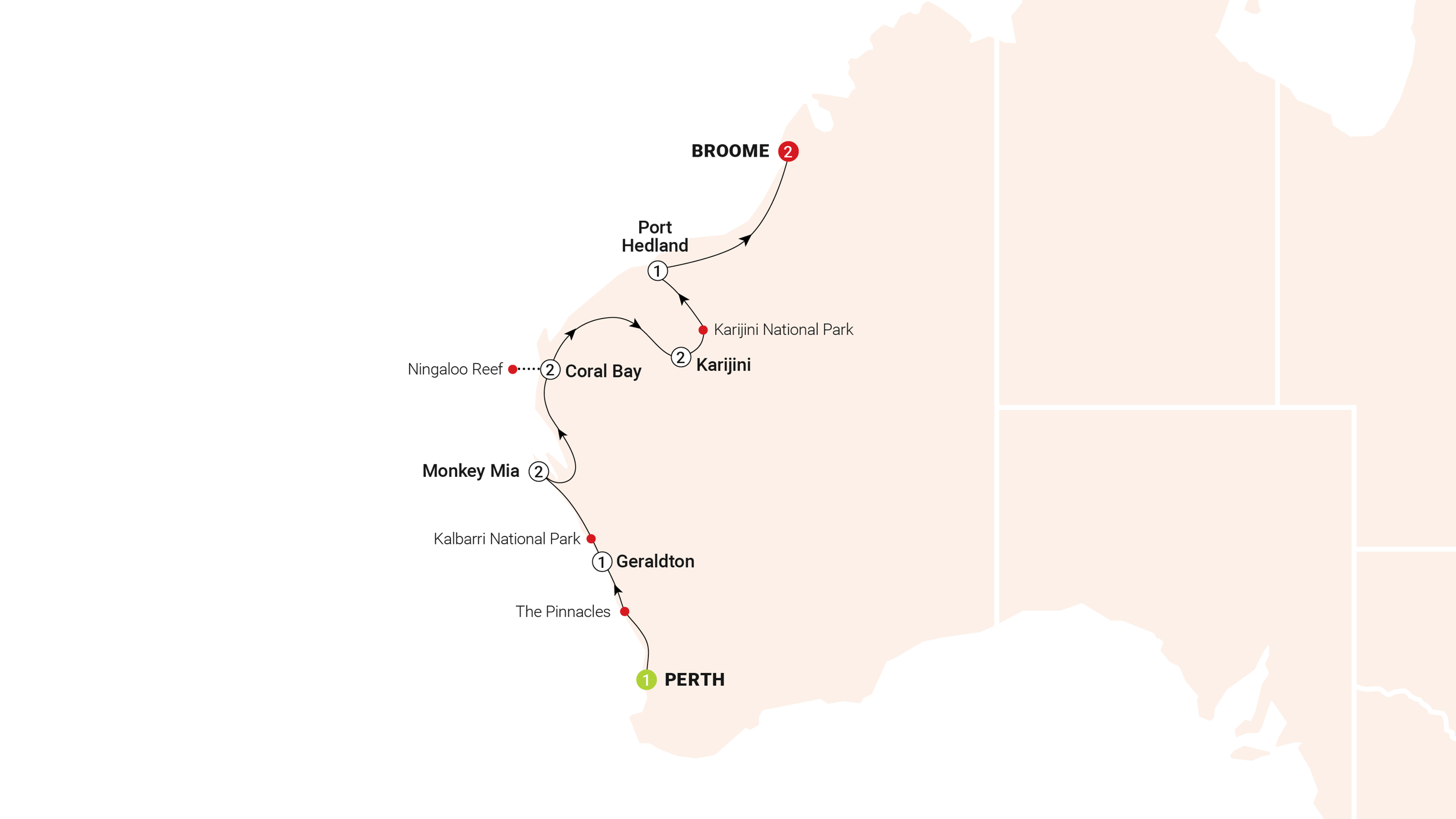 Map of Wonders of the Pilbara & West Coast Trip