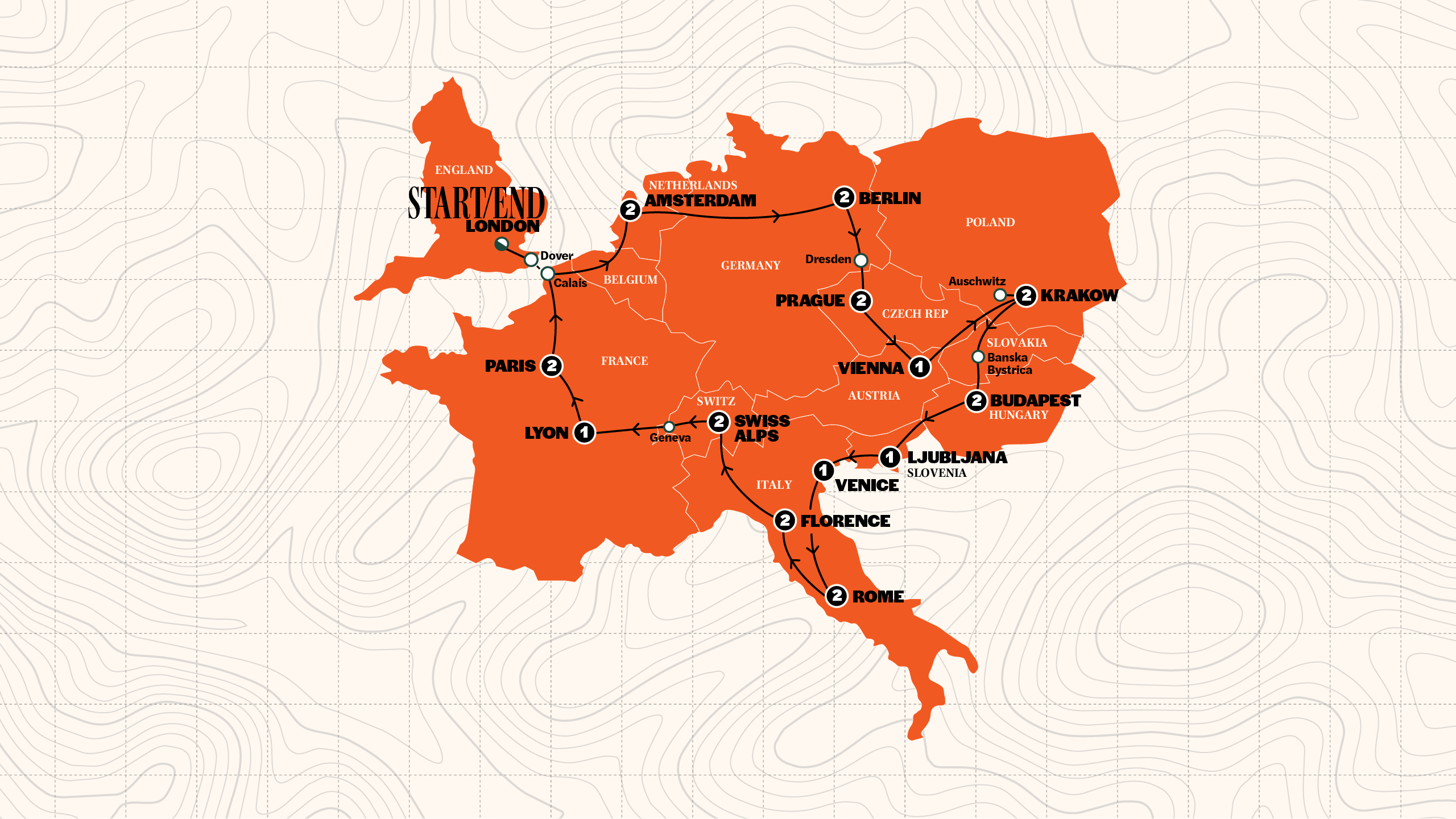 Map of European Trail | Hostels| Start London | Winter 2027/2028 from Contiki