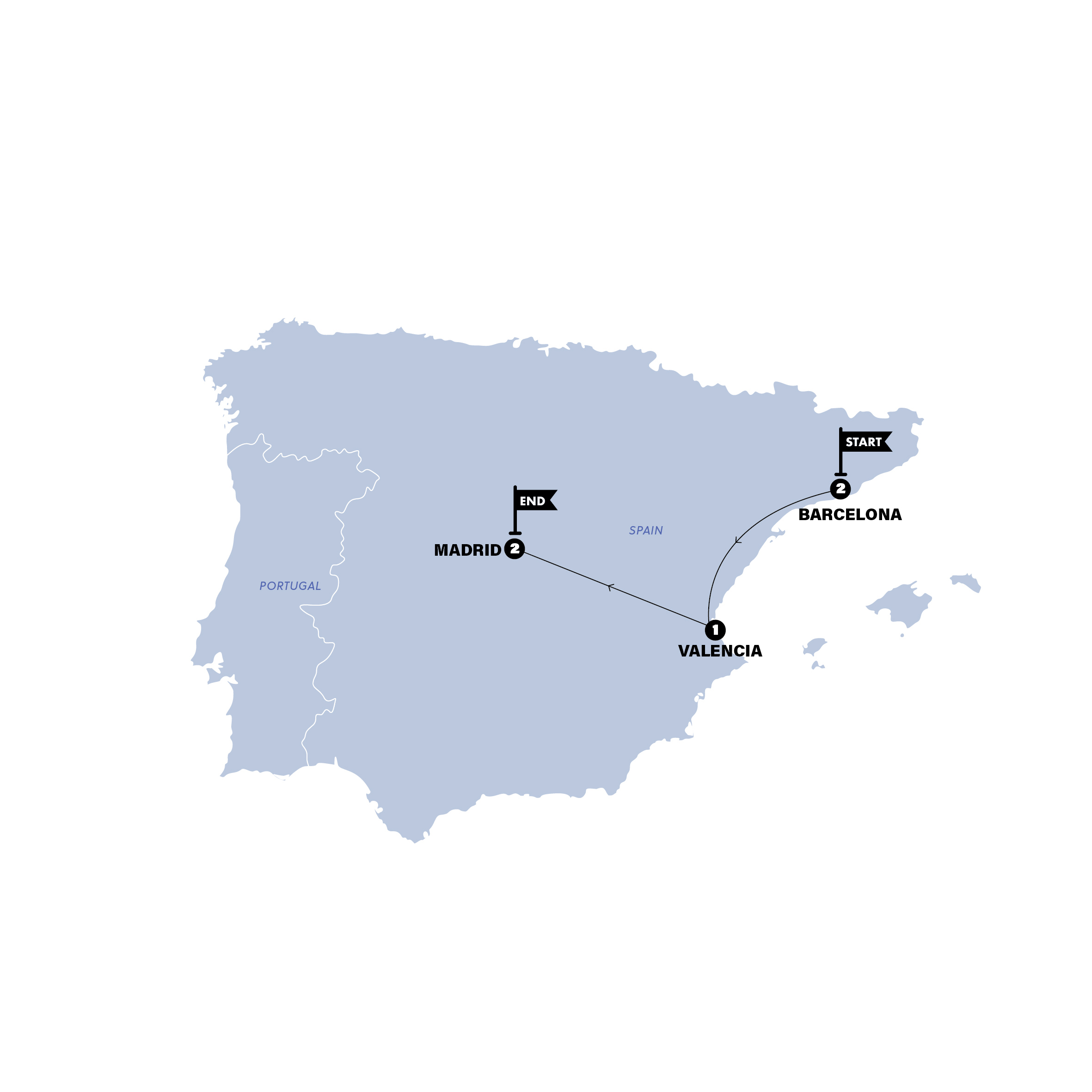 Map of Barcelona to Madrid | Winter from Contiki