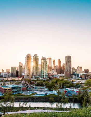 View of Calgary's skyline at golden hour in Calgary, Canada