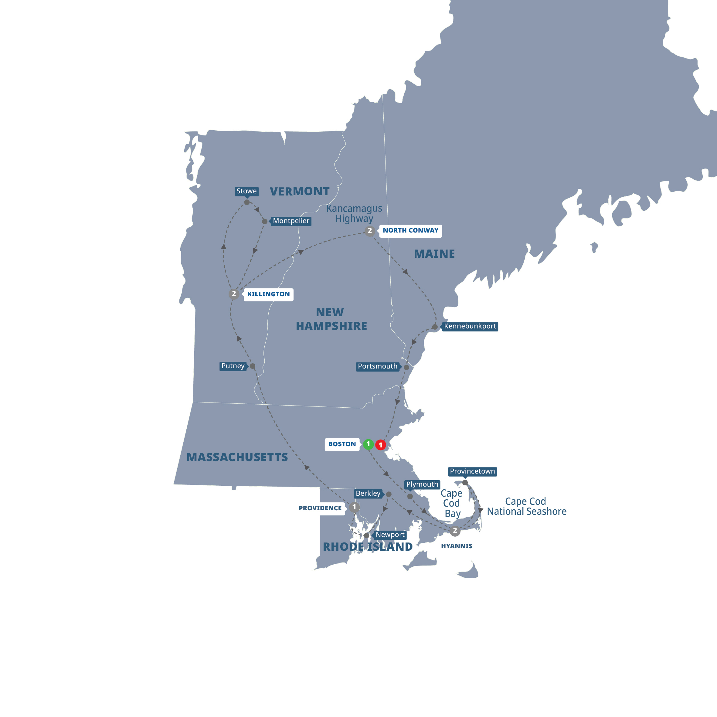 Map of Fall Colors of New England from Trafalgar