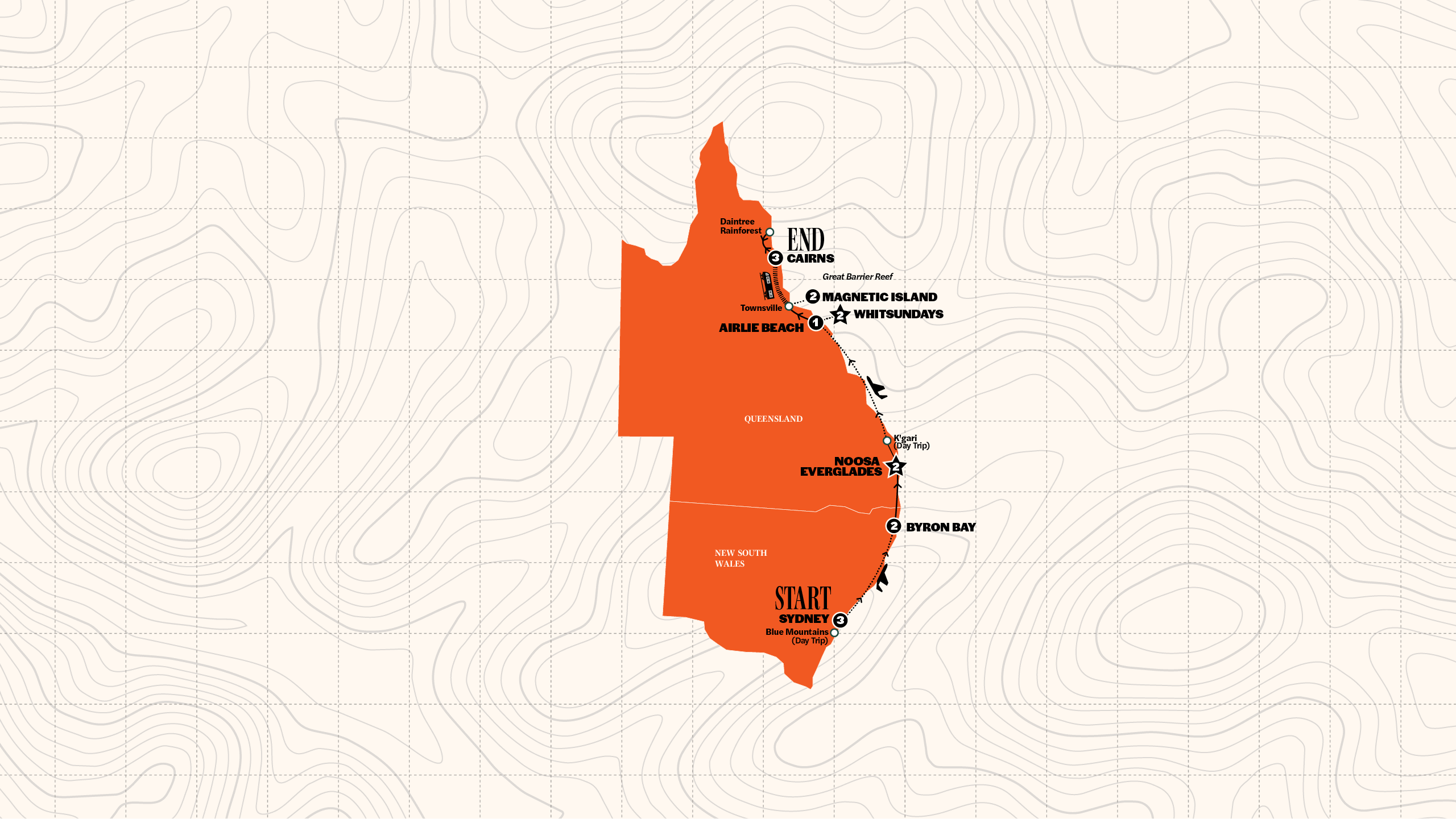 Map of Sydney to Cairns | With Sailing | From Apr '27 | 2027 - 2028 from Contiki