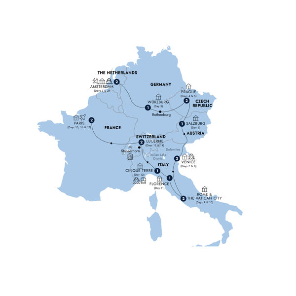 European Discovery - Start Amsterdam, End Paris, Classic Group Itinerary Map