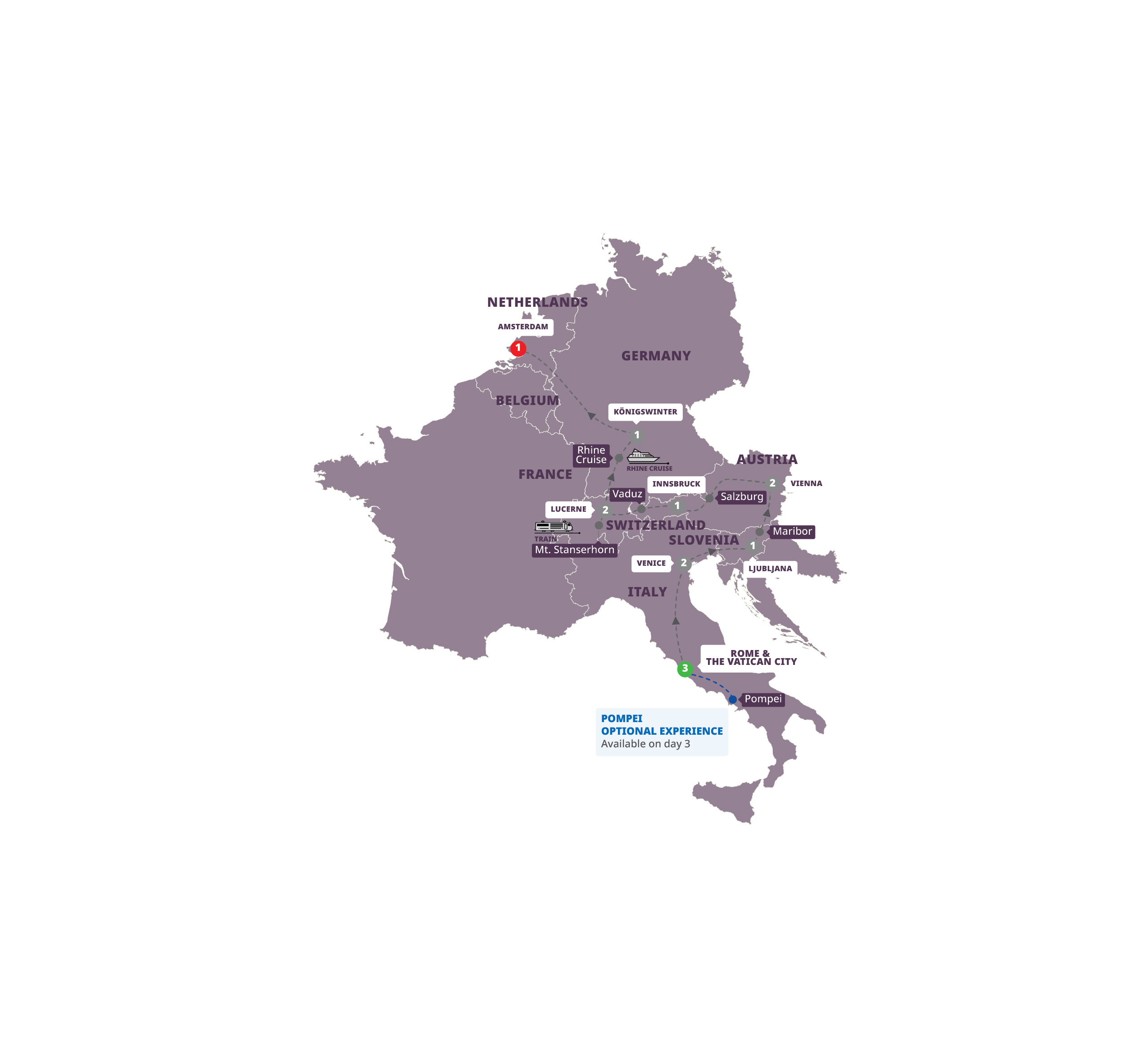 Map of Splendid Europe - End Amsterdam from Trafalgar