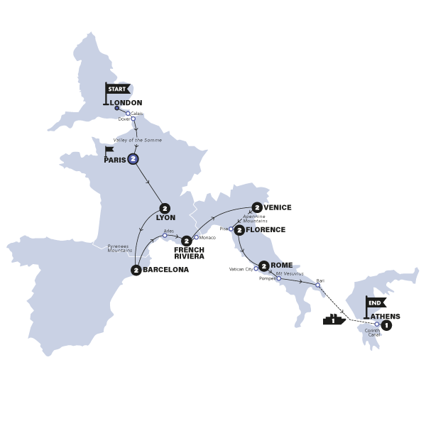 tourhub | Contiki | London to Athens Plus | Start Paris | Summer | Season 2025 | Tour Map