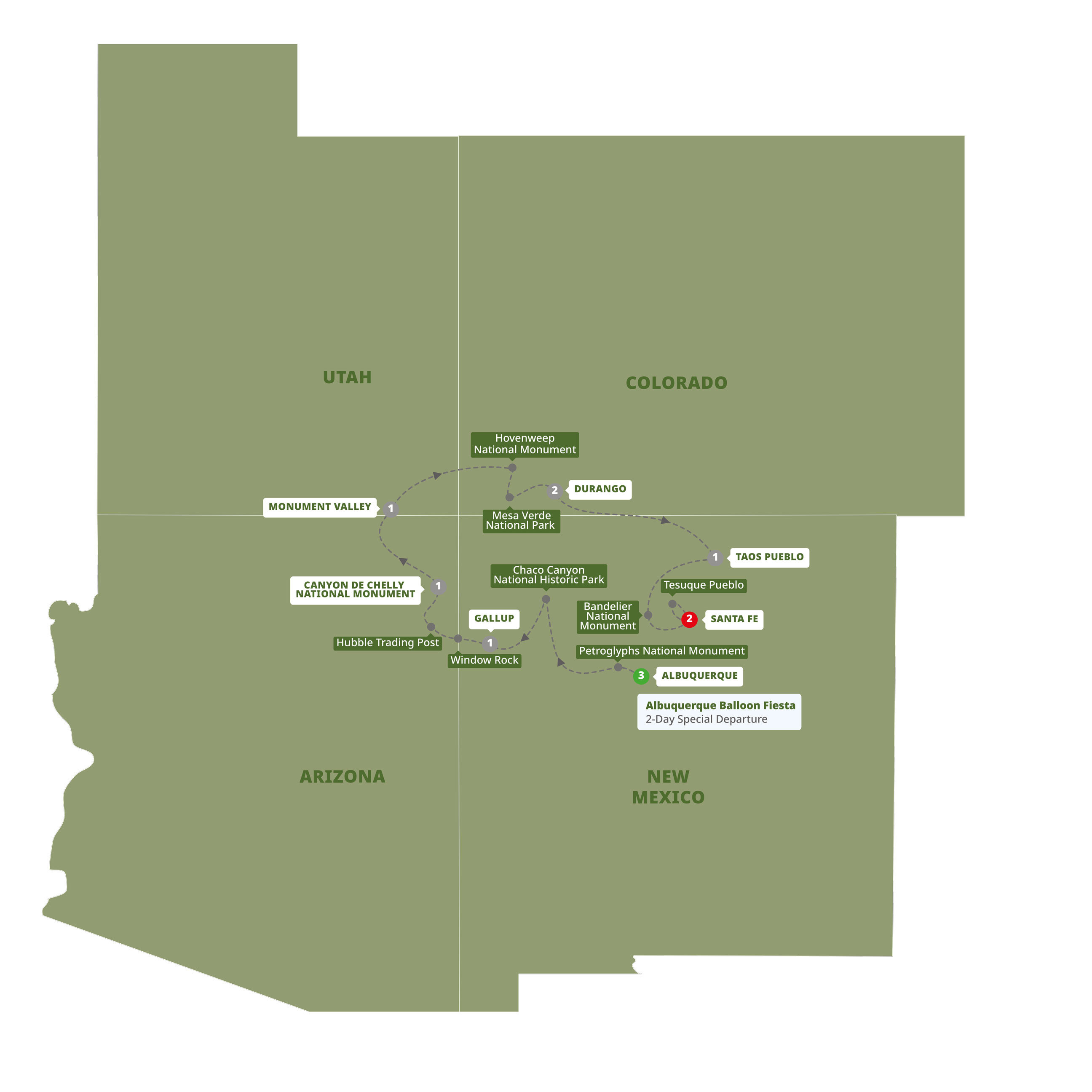 tourhub | Trafalgar | Southwest Native Trails End Santa Fe with Balloon Fiesta | Tour Map